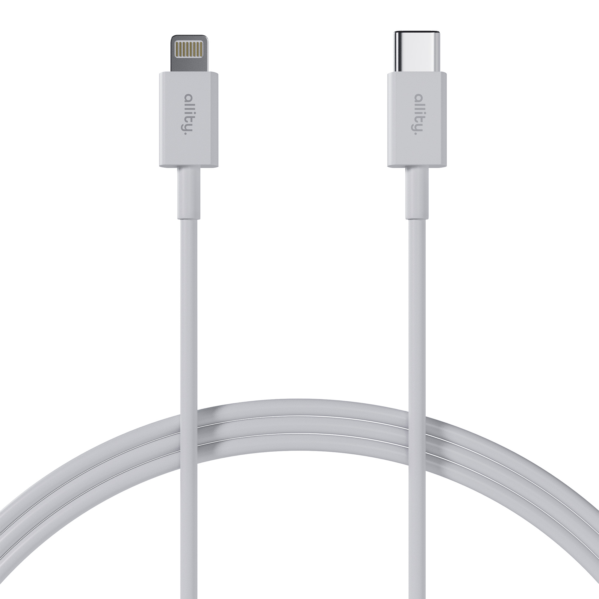 Dwa białe kable ładujące, jeden ze złączem Lightning i jeden ze złączem USB-C.