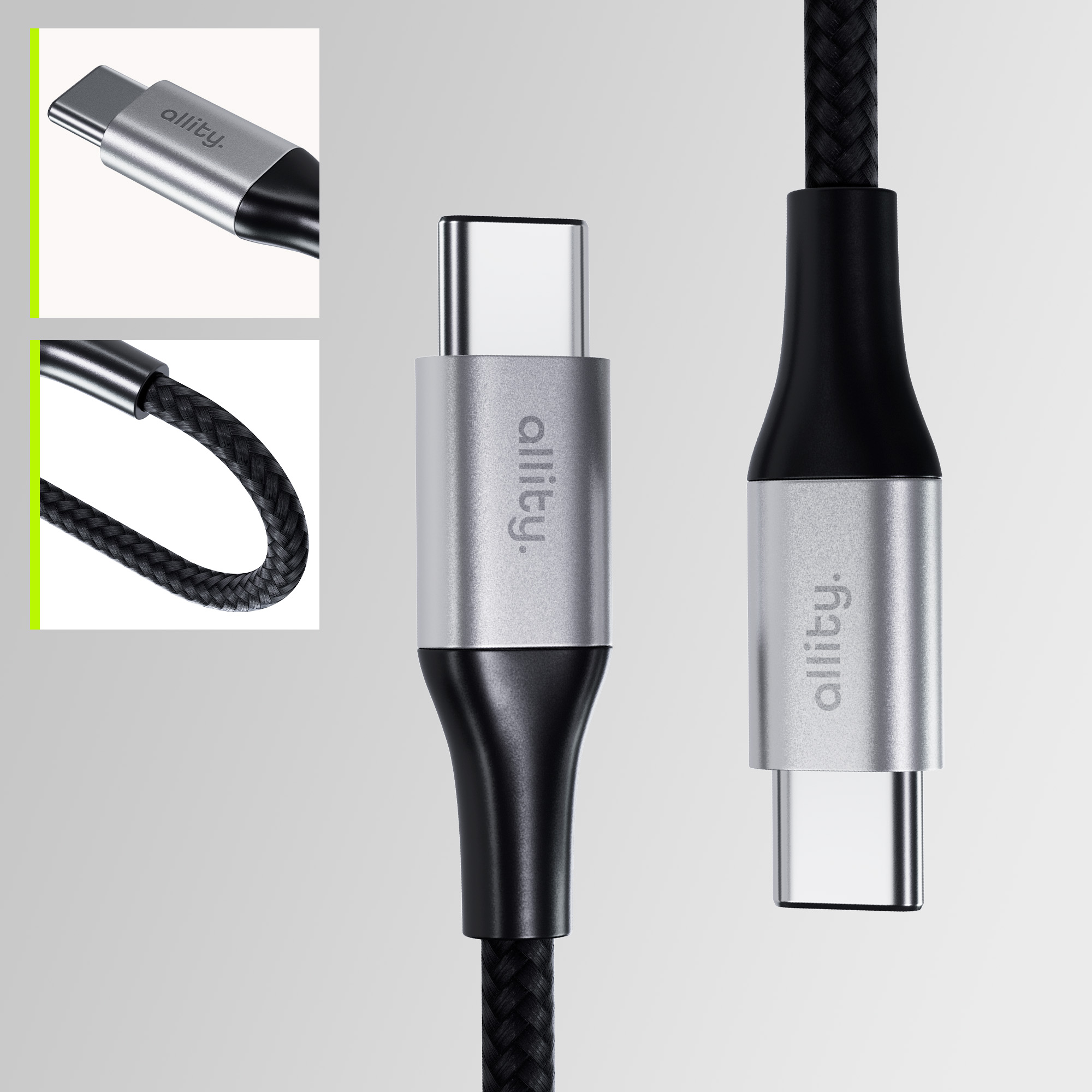 Czarny i srebrny kabel USB-C. Pleciona konstrukcja. Białe tło.