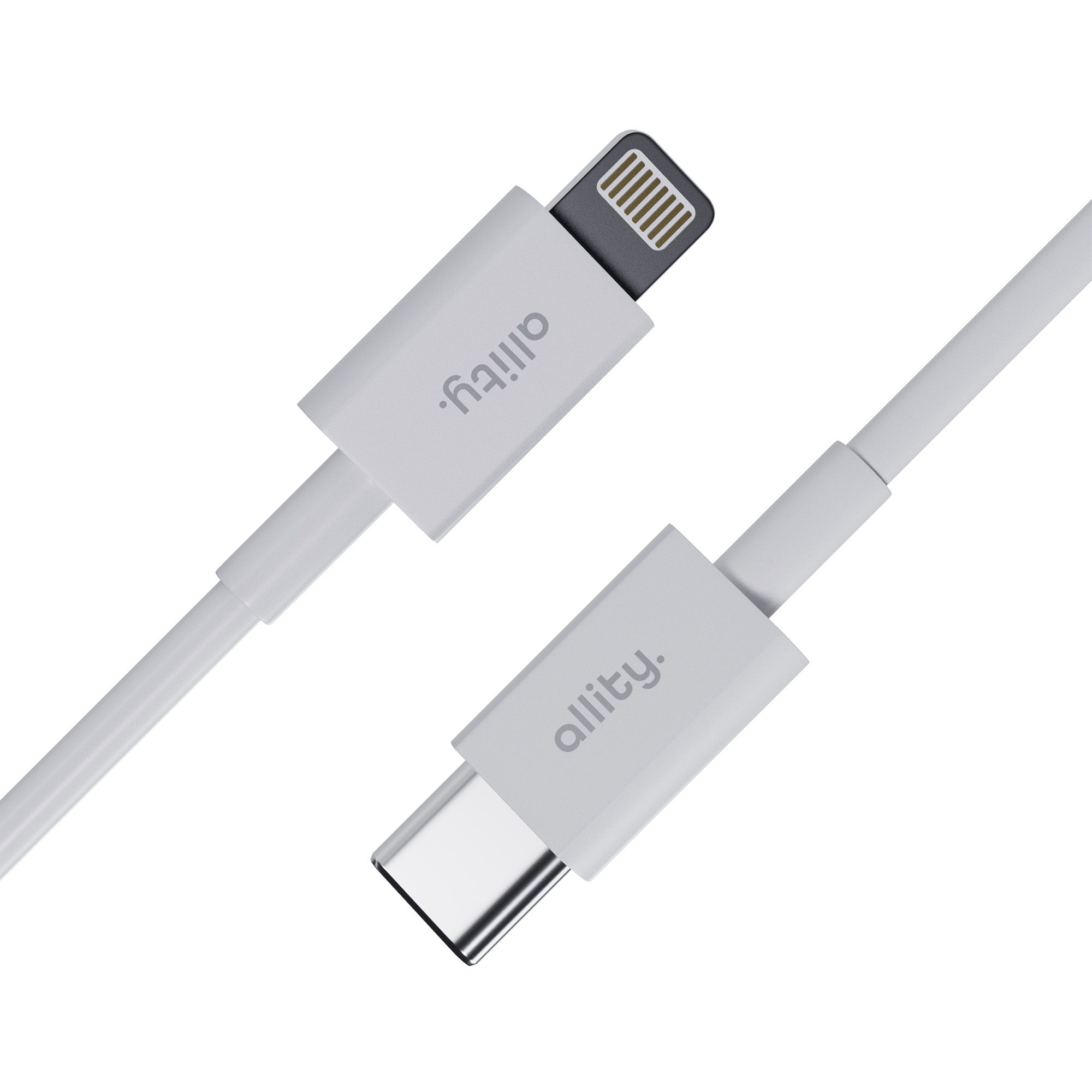 Biały kabel USB-C do Lightning z nazwą marki. Złącza są białe i szare.