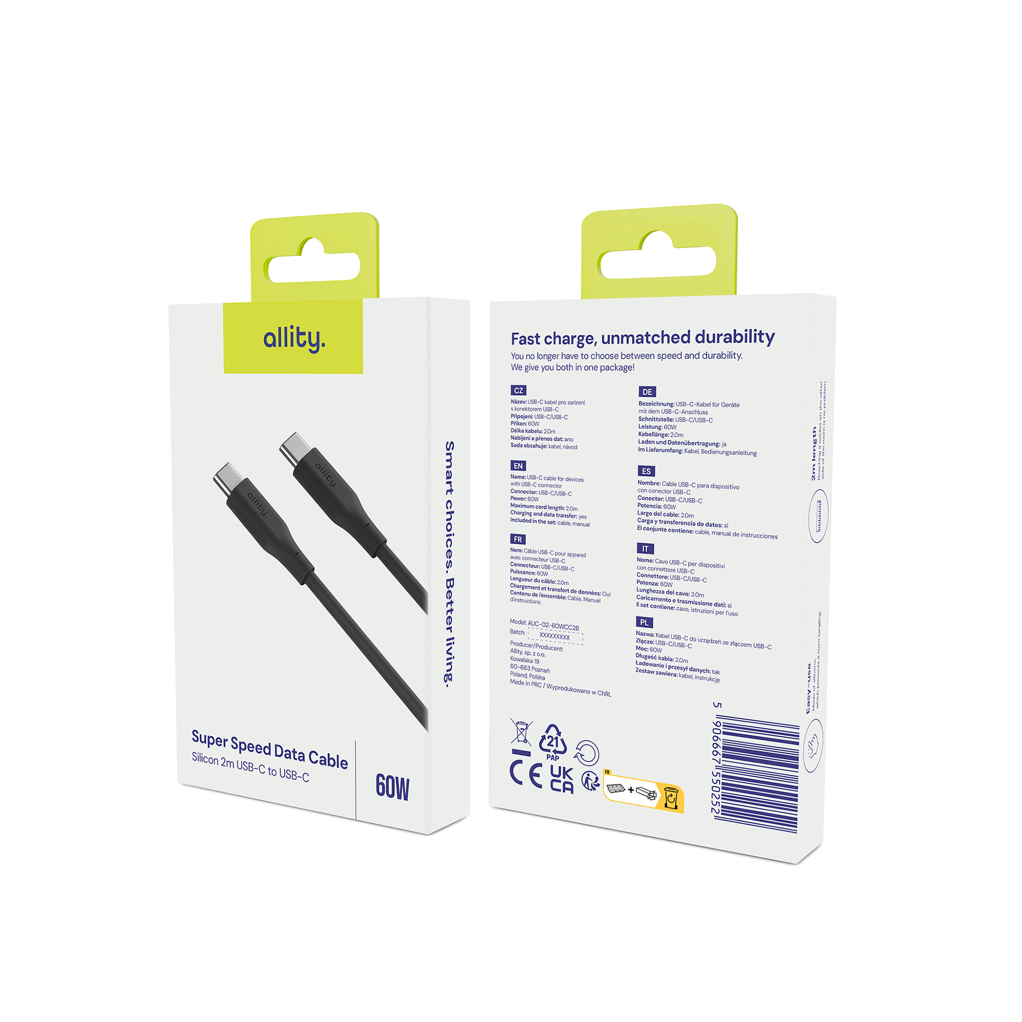 Dwa pudełka, z czarnym kablem. Na jednym pudełku napis 'Super Speed Data Cable', na drugim tekst.