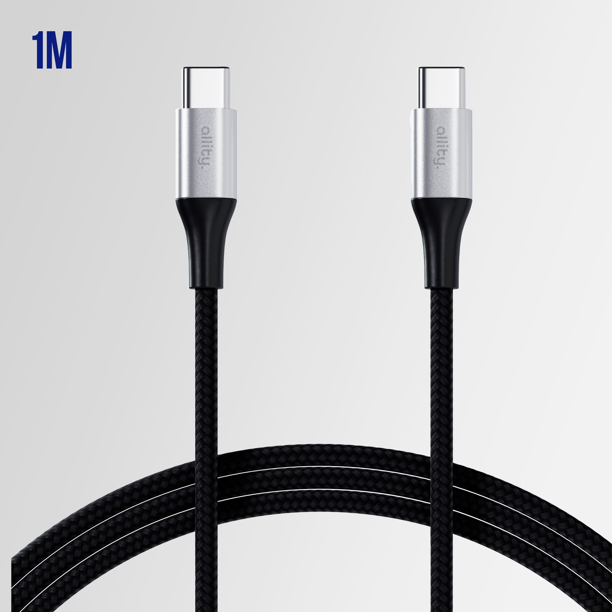 Dwa srebrne kable USB-C z czarnymi plecionymi kablami, z tekstem '1M' wskazującym długość.