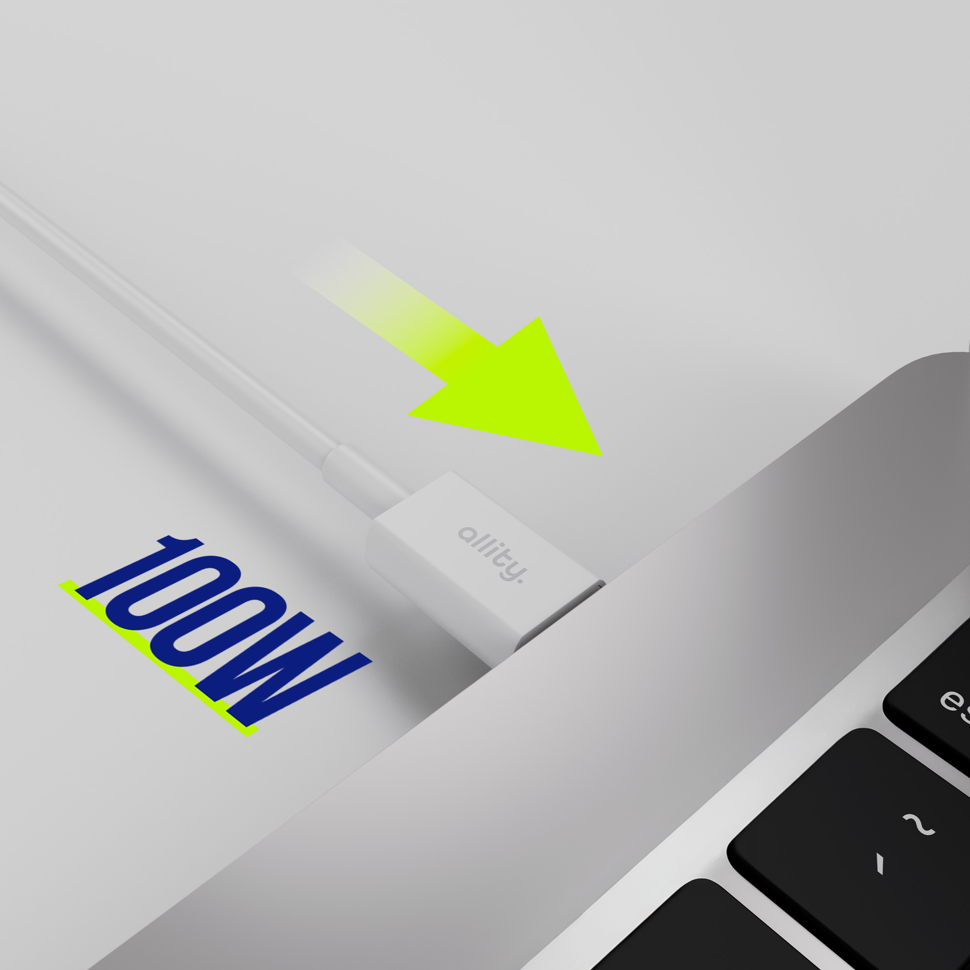 Biały kabel USB-C podłączony do laptopa, z zieloną strzałką. Tekst: 100W.