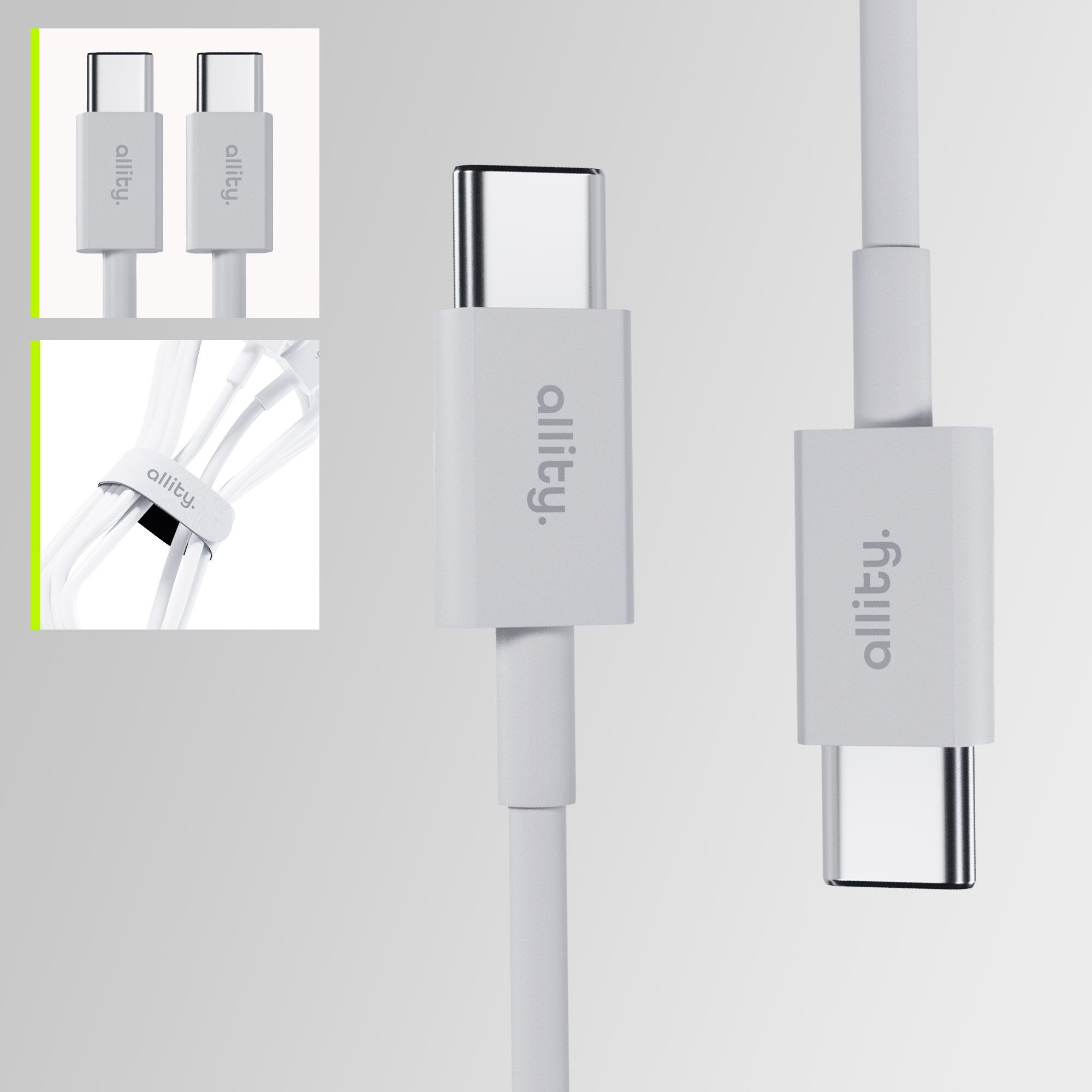 Białe kable do ładowania z złączami USB-C. Zbliżenia pokazują szczegóły i markę.