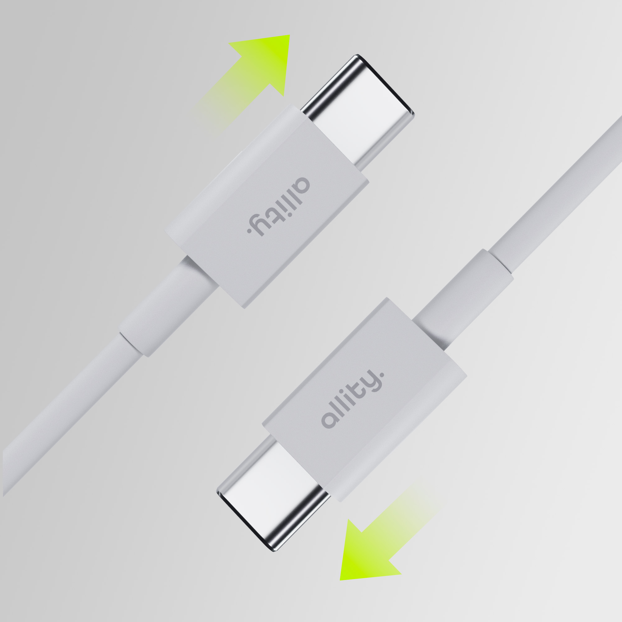 Dwa białe kable USB-C ze wskaźnikami strzałek.