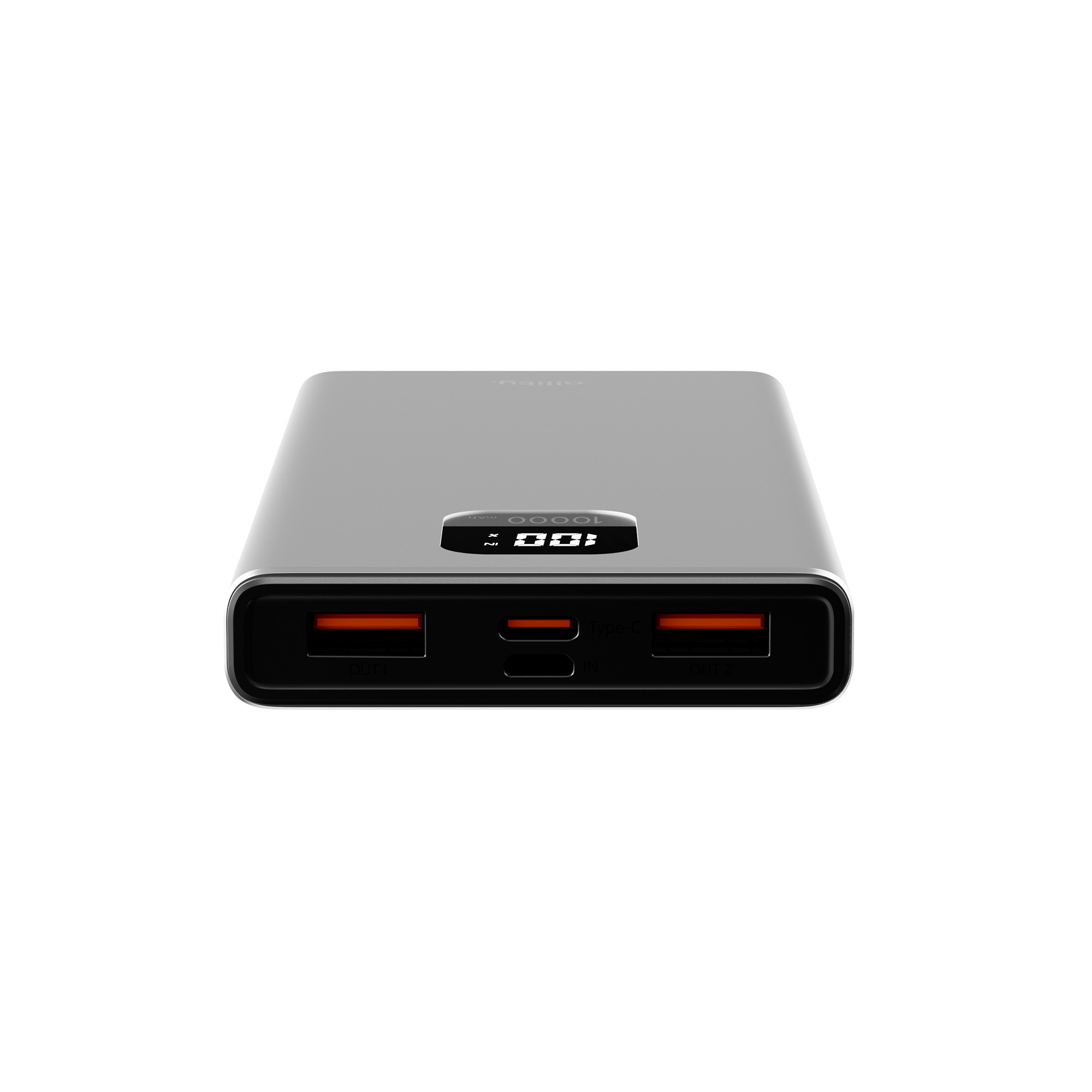 Szary power bank z dwoma portami USB i portem USB-C. Wyświetlacz pokazuje poziom naładowania baterii.