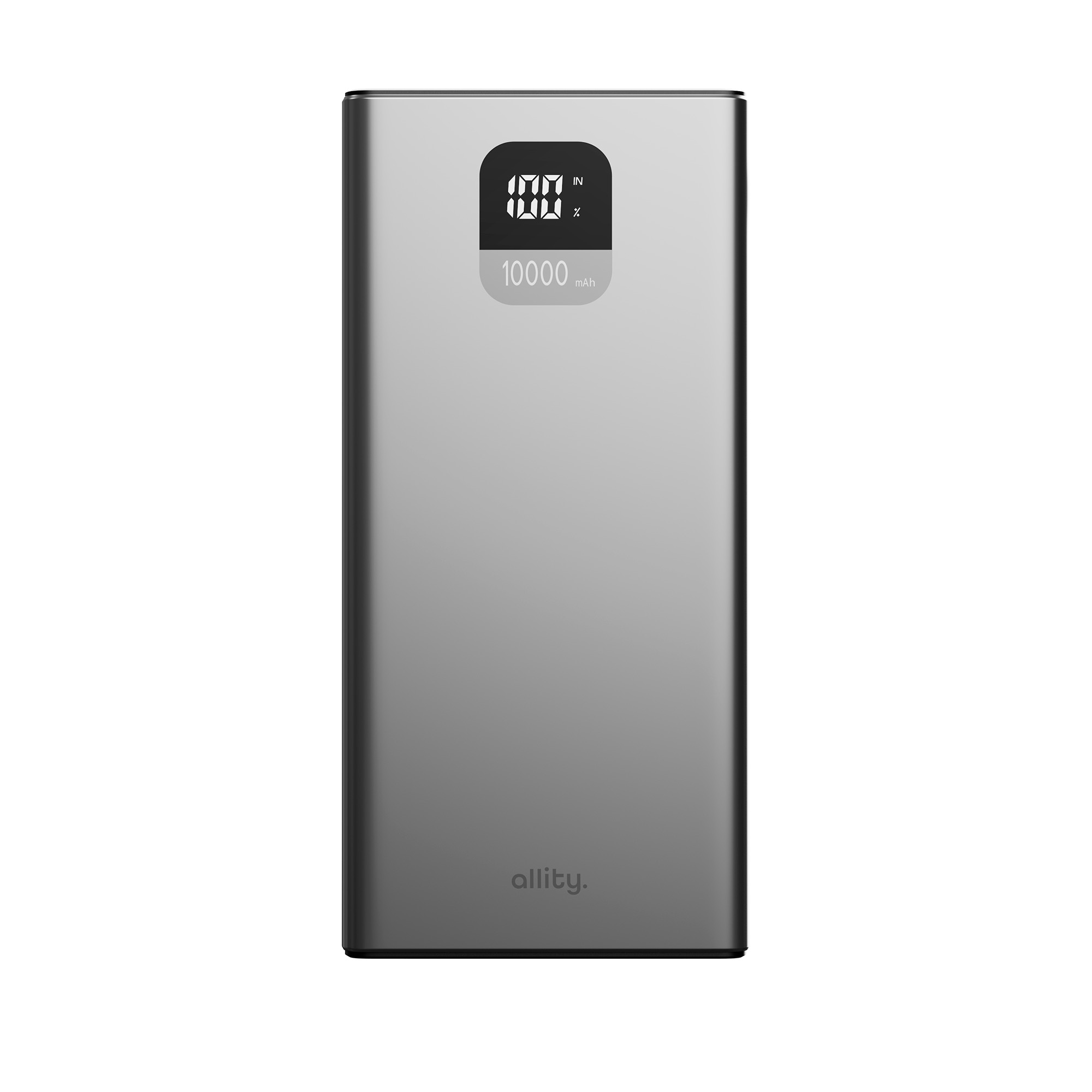 Srebrny power bank z cyfrowym wyświetlaczem pokazującym '100'. Tekst brzmi '10000 mAh'.