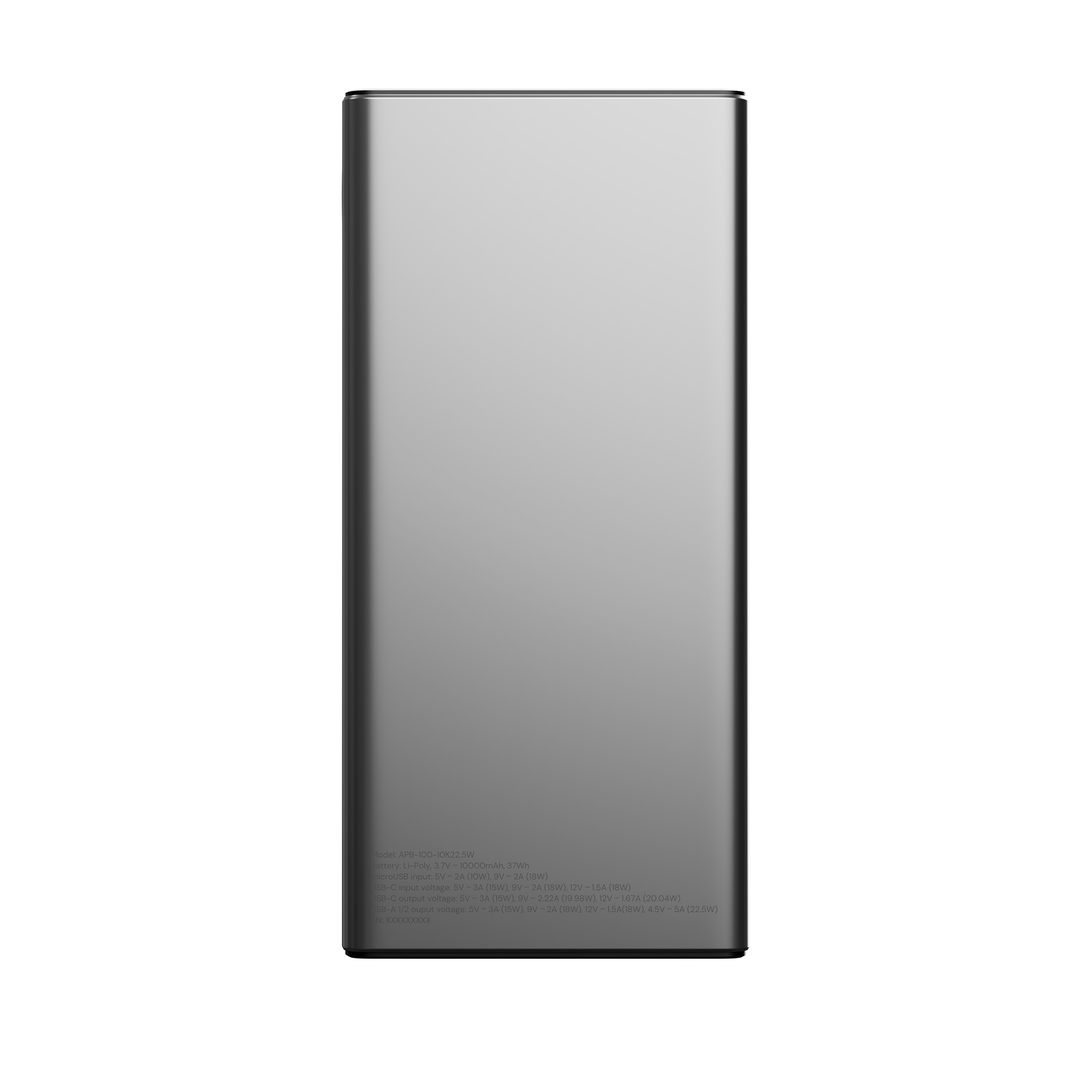 Srebrno-szary power bank. Prostokątny kształt, z nadrukowanymi specyfikacjami technicznymi.