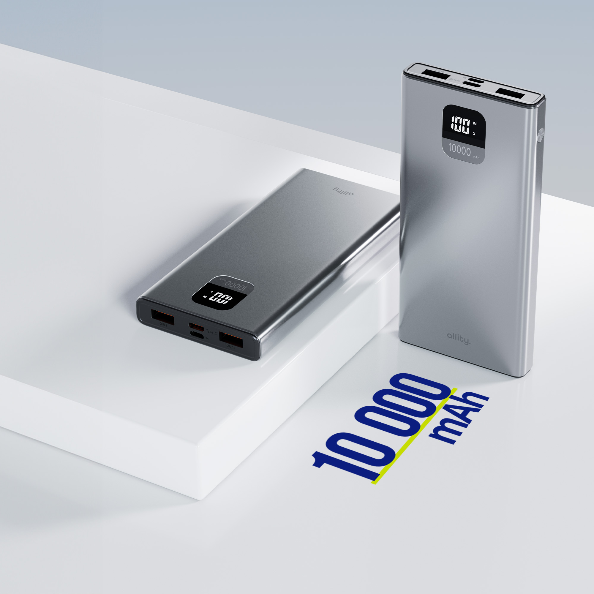 Dwa power banki, jeden w pozycji pionowej, z cyfrowym wyświetlaczem pokazującym 10000 mAh.