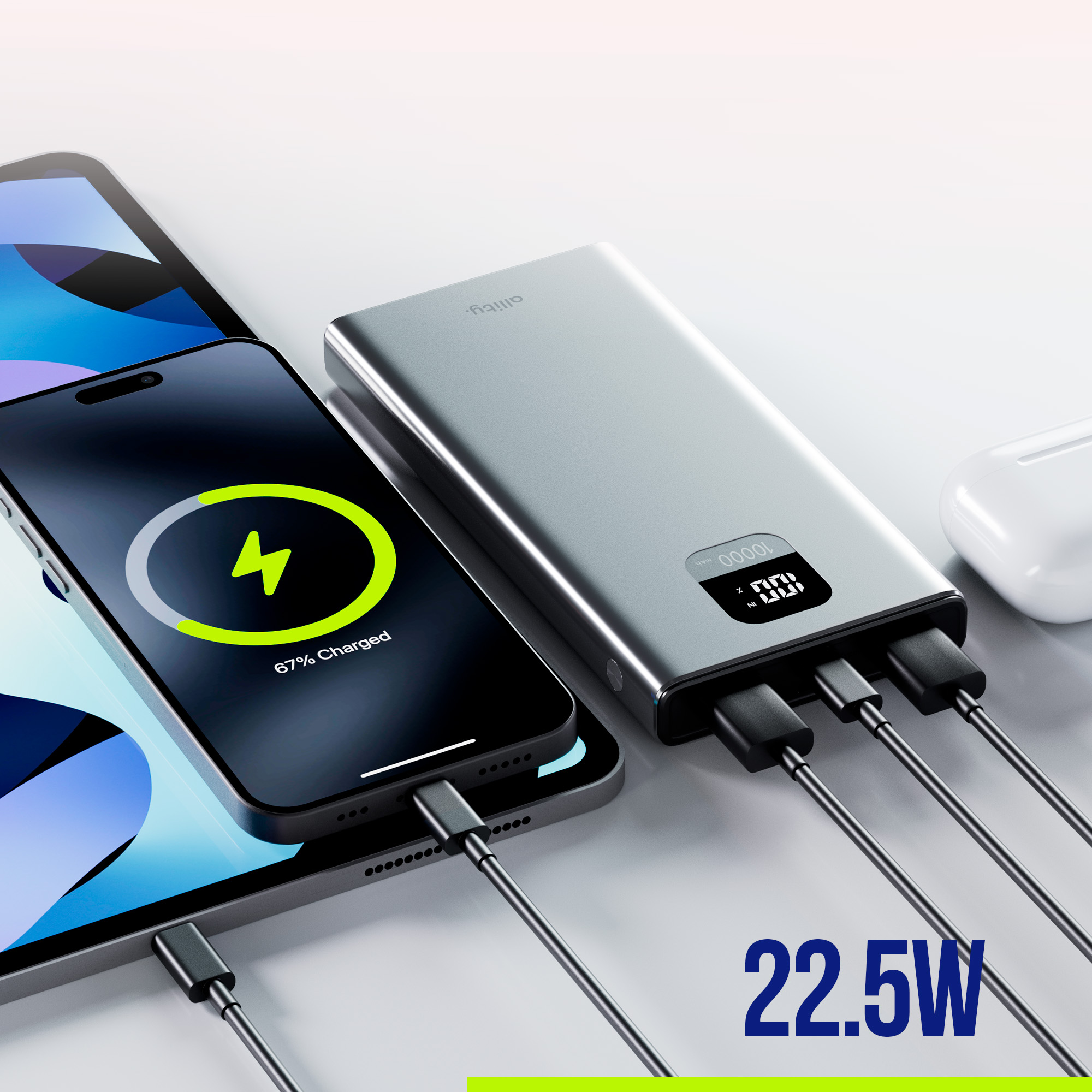 Power bank ładujący telefon i tablet. Pokazuje procent i pojemność.