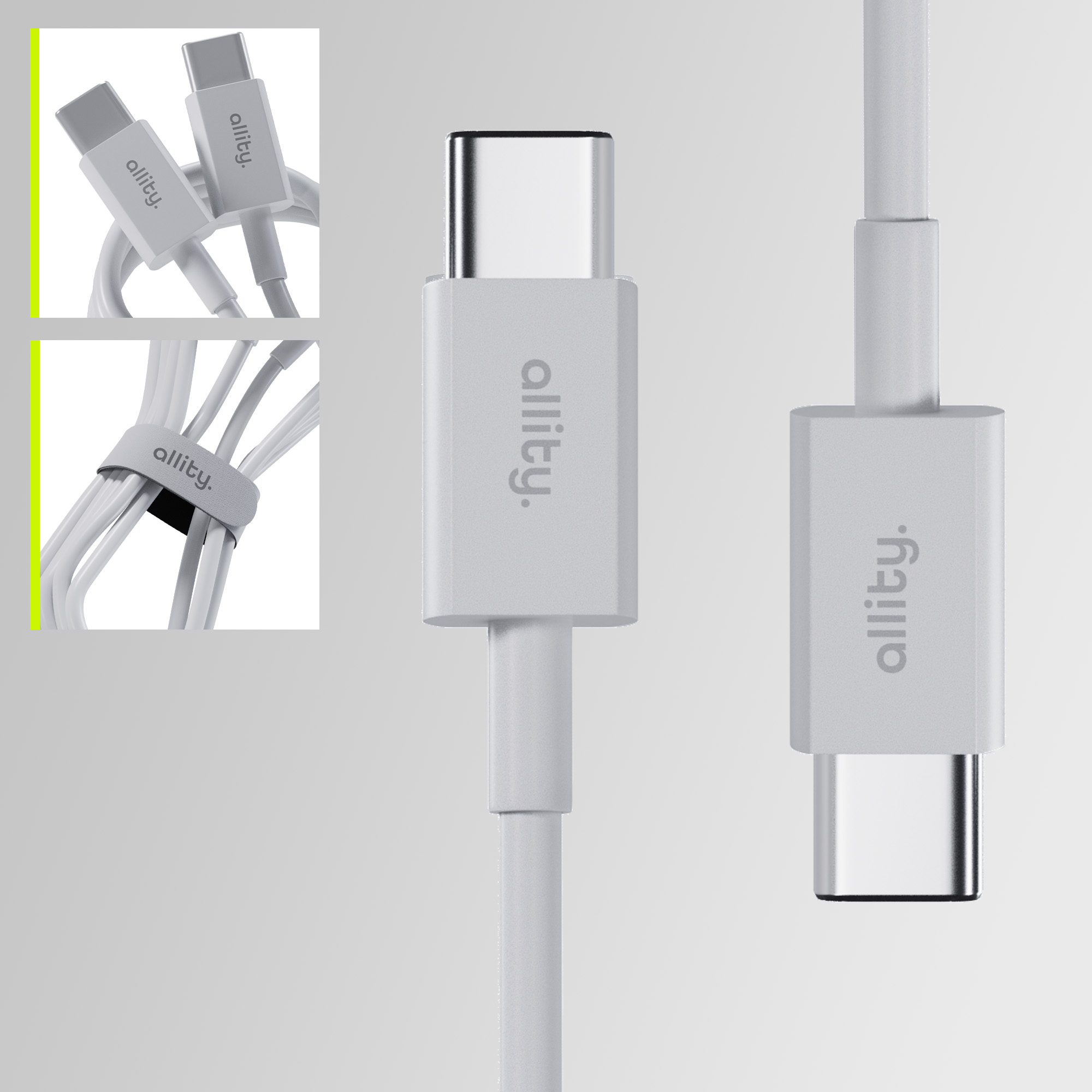 Białe kable USB-C. Kable pokazane w różnych konfiguracjach. Marka 'allity' jest na nich nadrukowana.