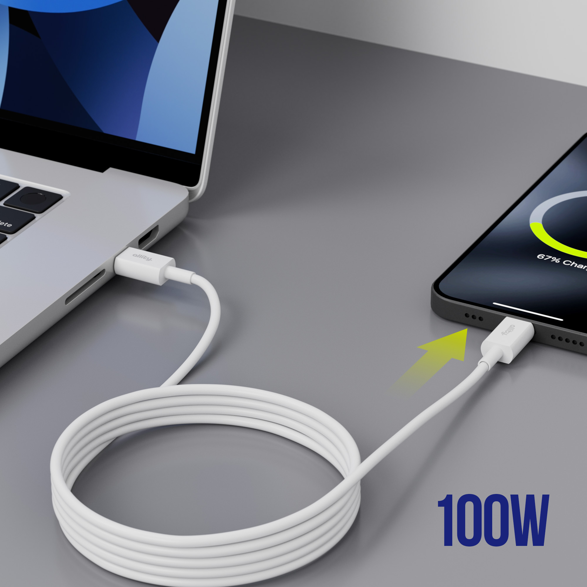 Biały kabel USB-C ładujący telefon i laptopa. Telefon pokazuje 67% naładowania. Tekst: 100W.