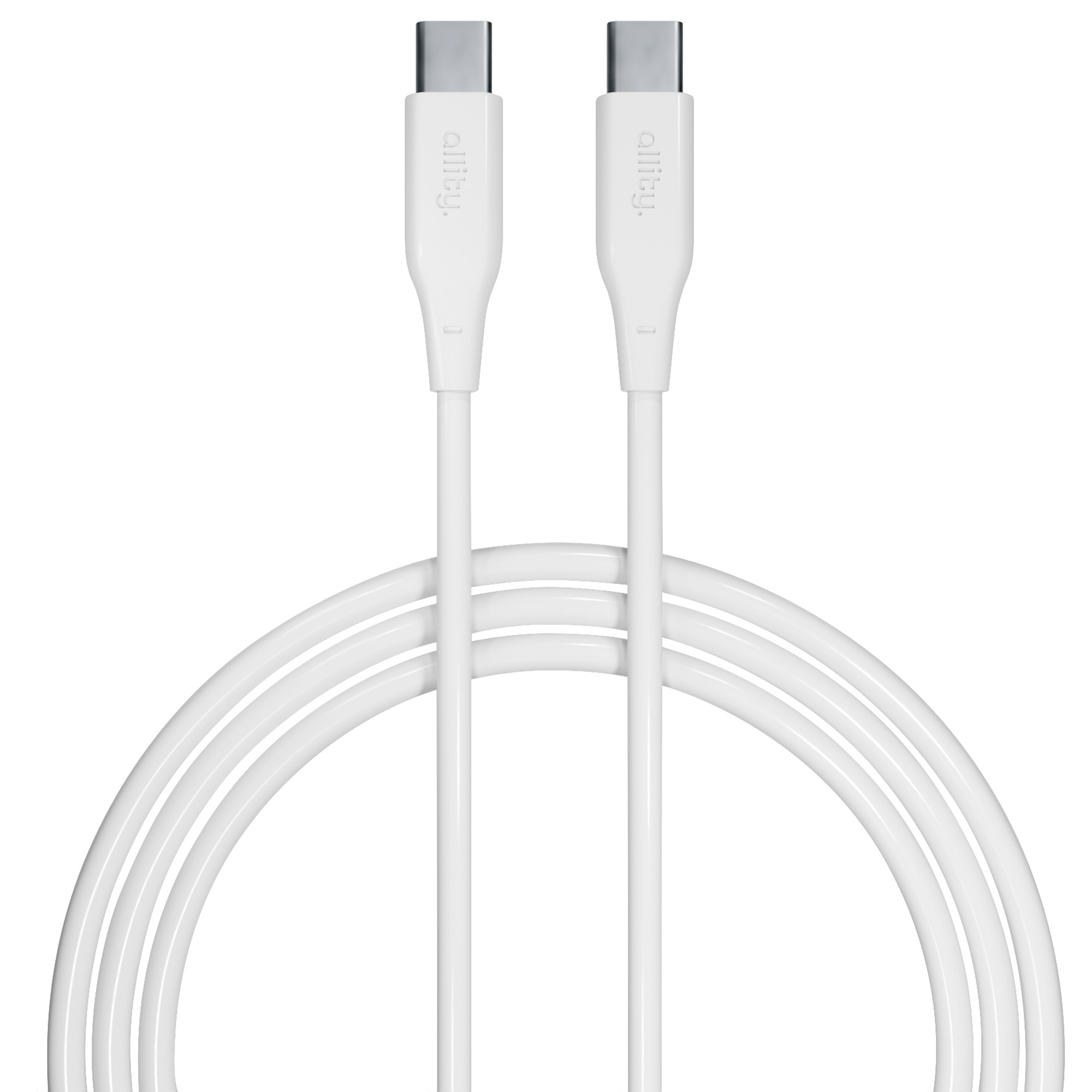 Dwa białe kable USB-C obok siebie, białe tło, z nadrukowaną nazwą marki allify.