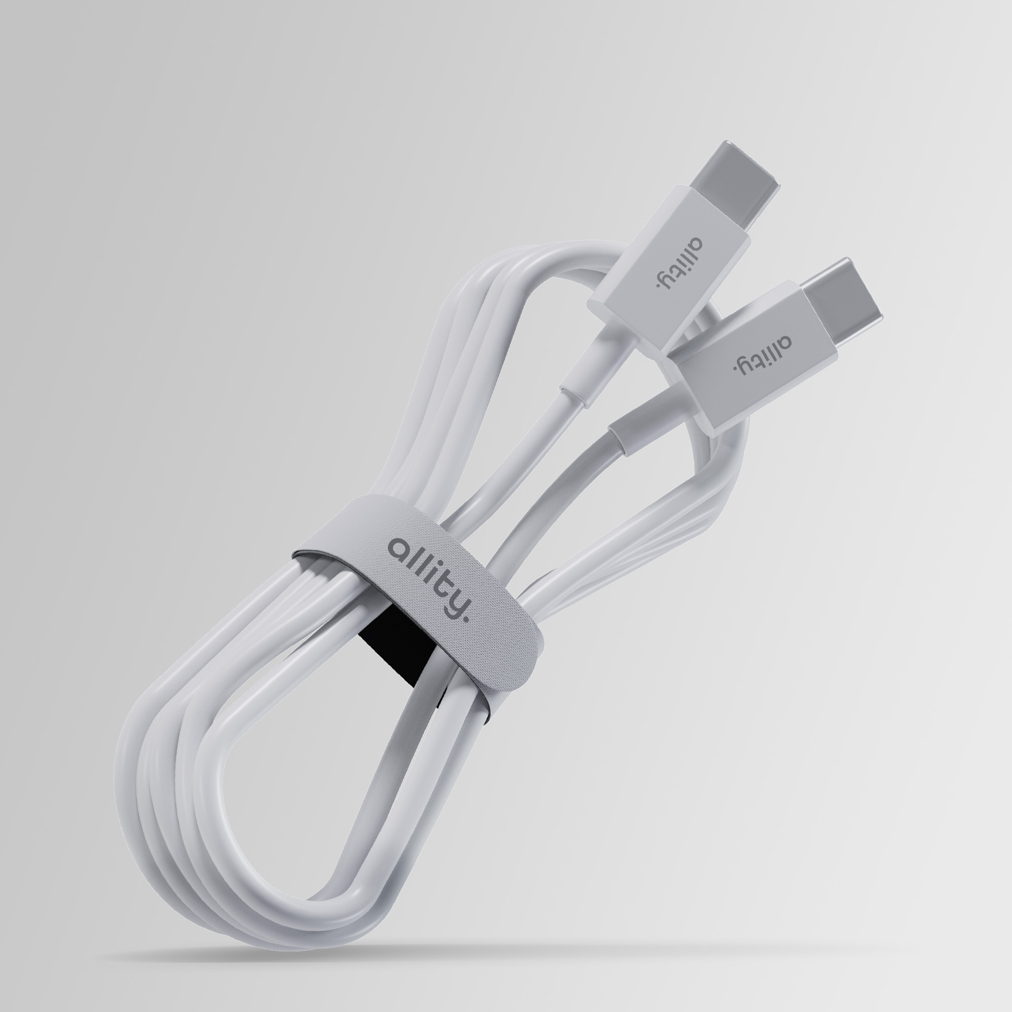 Trzy białe kable USB-C spięte razem szarym paskiem.