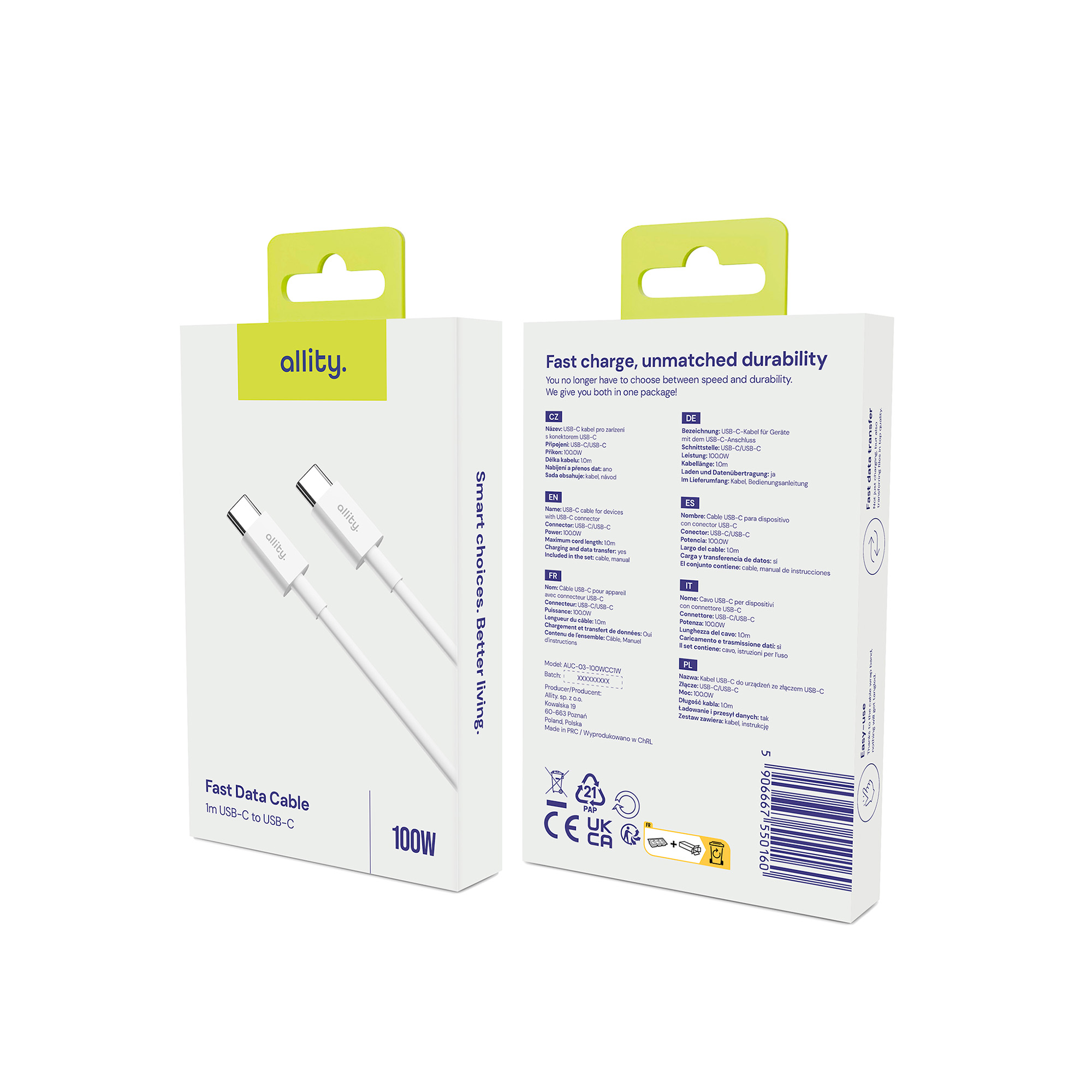 Białe i zielone pudełko z białym kablem USB-C i informacjami o produkcie.