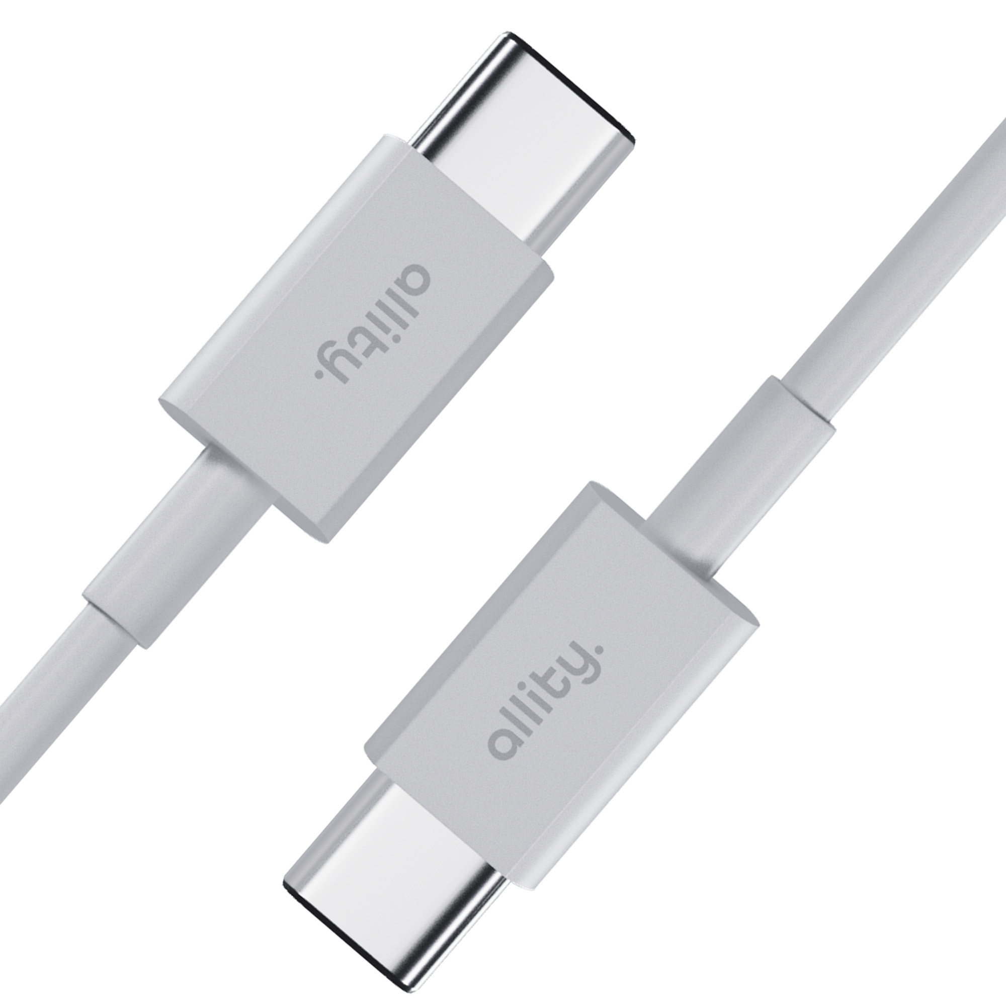 Dwa białe kable USB-C obok siebie, z marką "allity." wydrukowaną na złączach.