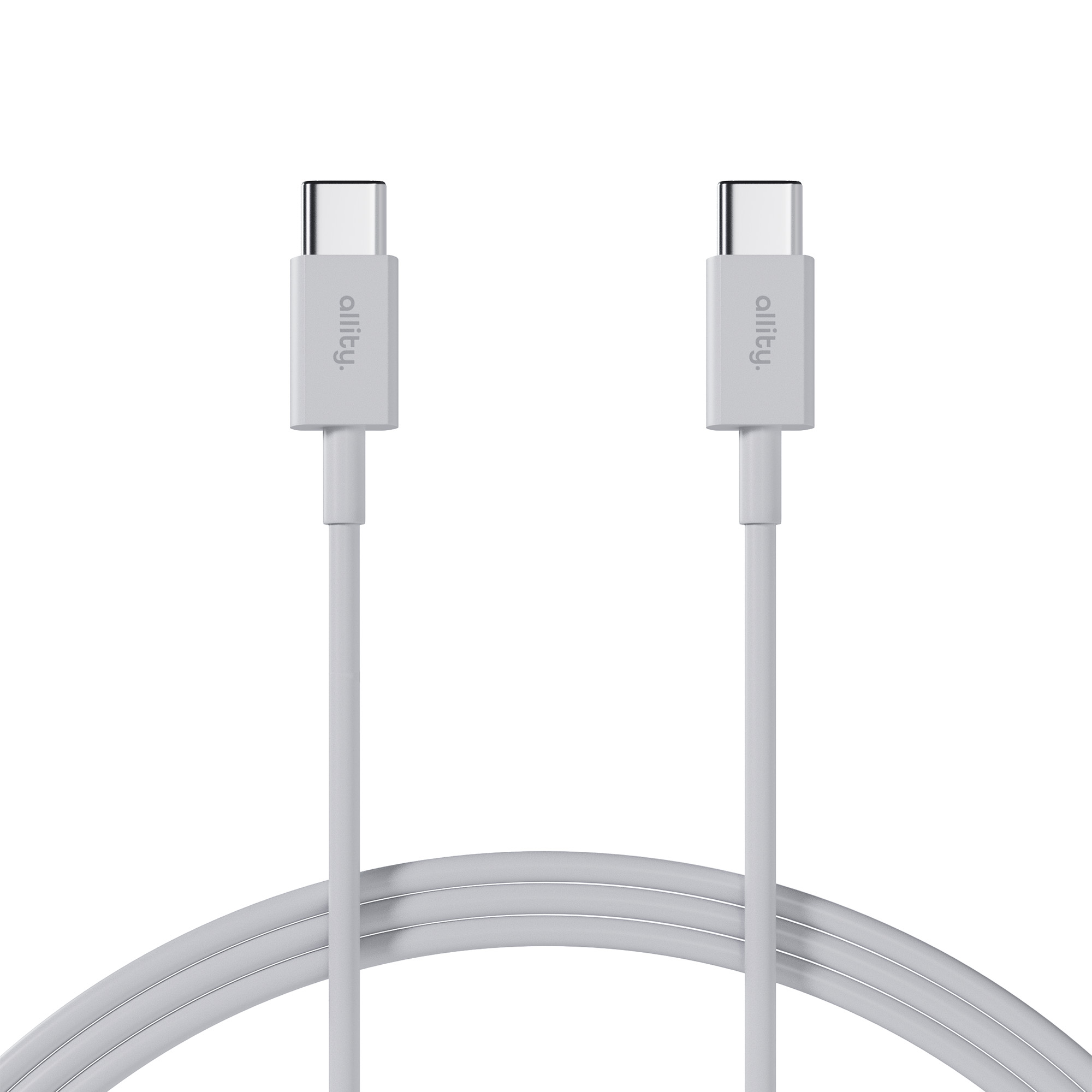 Dwa białe kable USB-C. Końcówki są srebrne. Kable są zwinięte na białym tle.