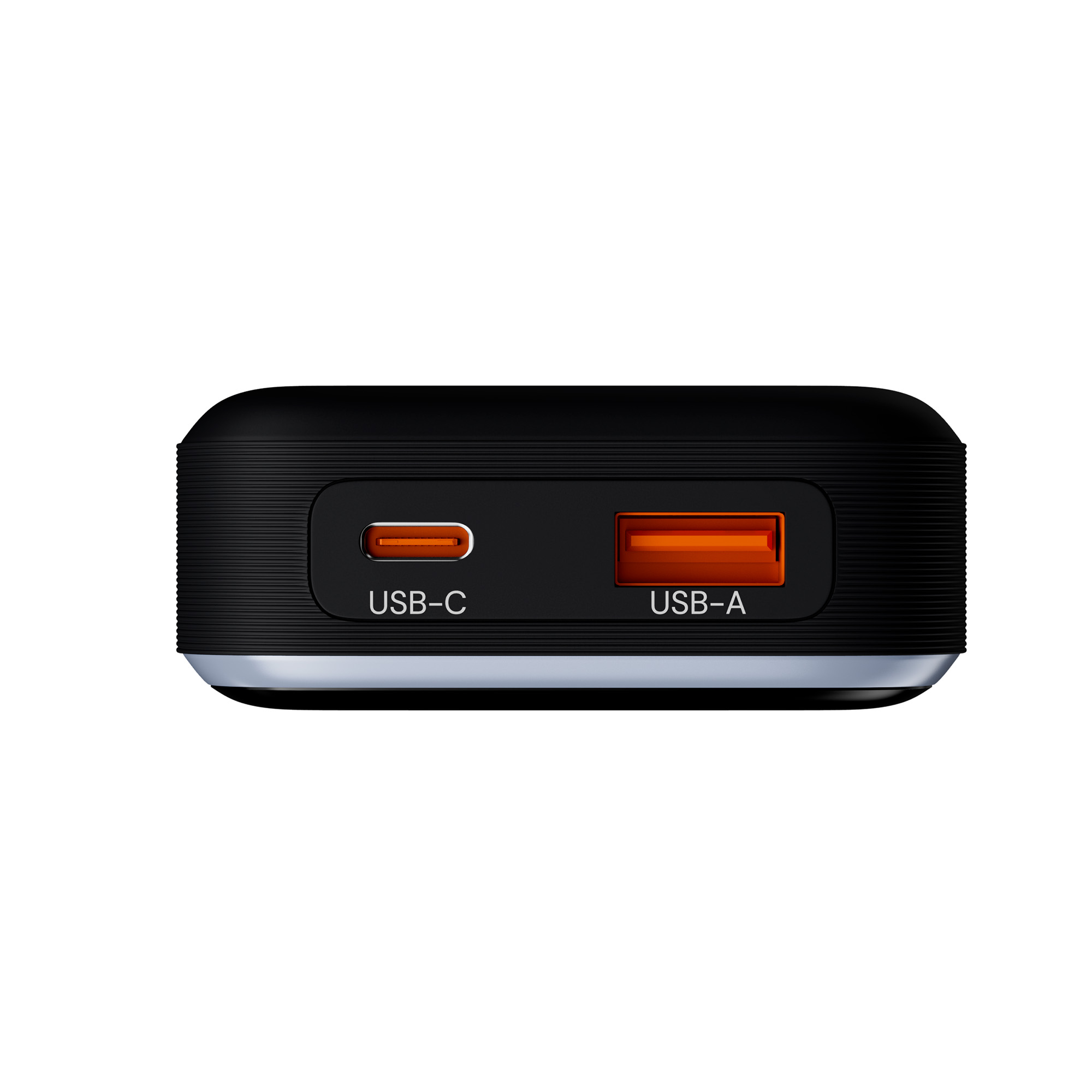Czarny power bank z portami USB-C i USB-A.