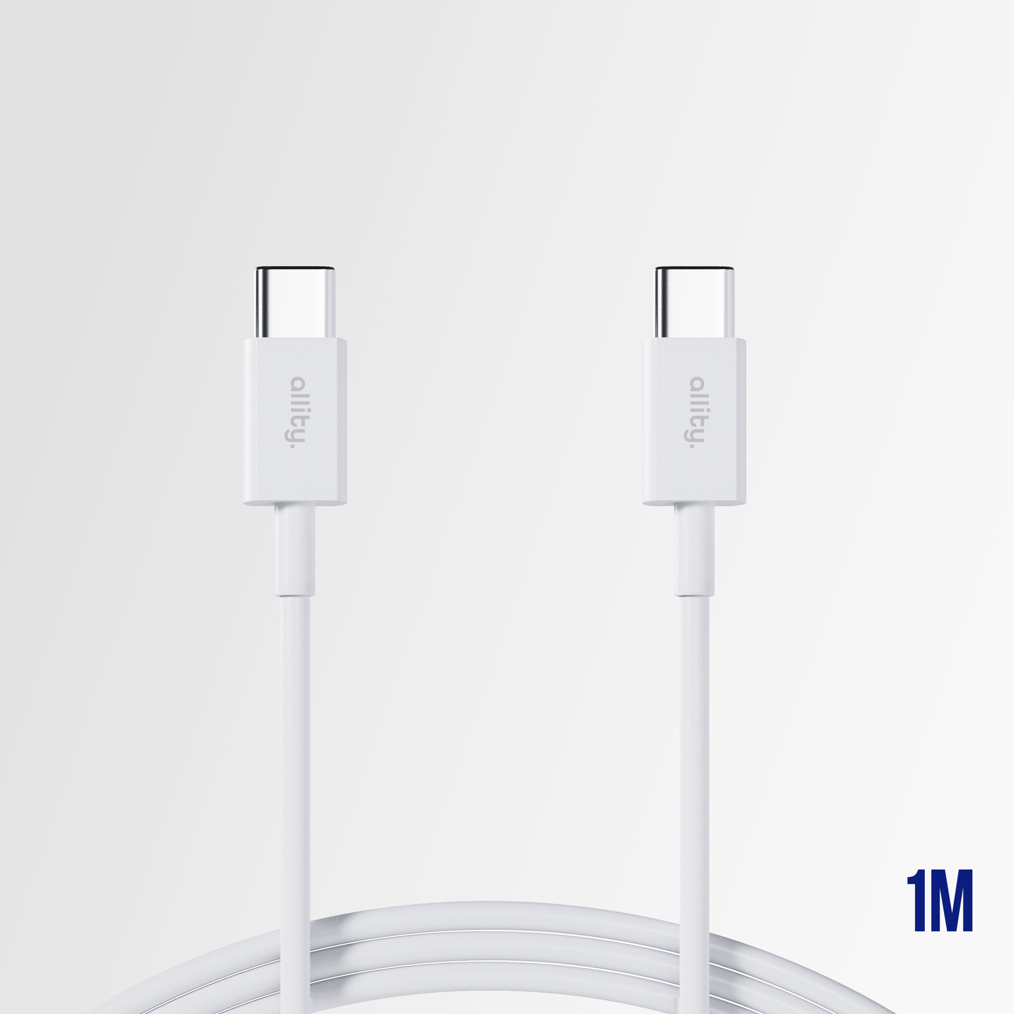 Białe kable USB-C z białym tłem i tekstem 1M.