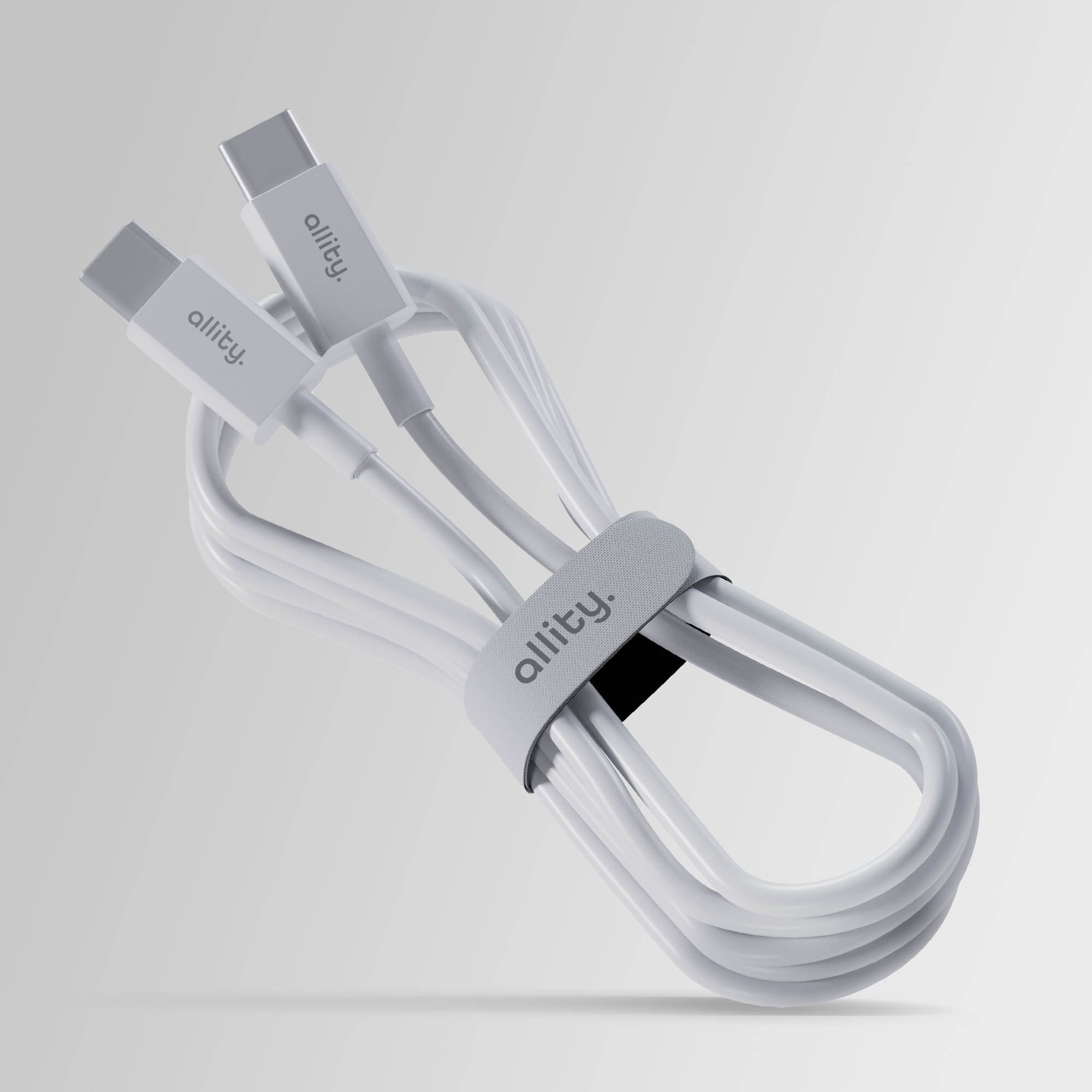 Biały kabel ładujący ze złączami USB-C, spięty szarym paskiem allity.