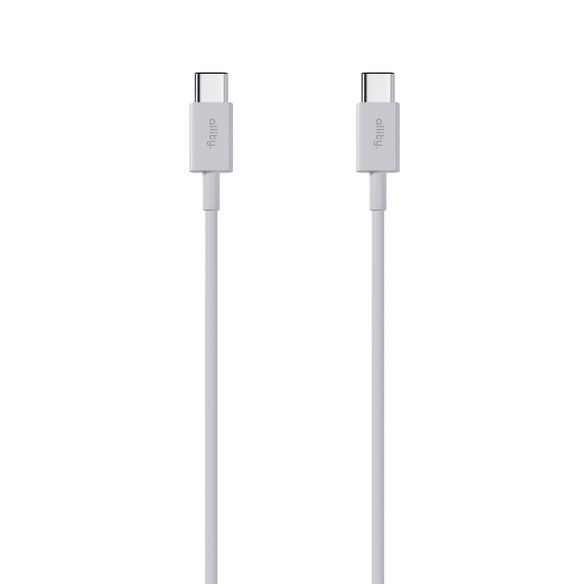 Dwa białe kable USB-C, każdy z małym, szarym złączem z napisem "olllty.", na białym tle.