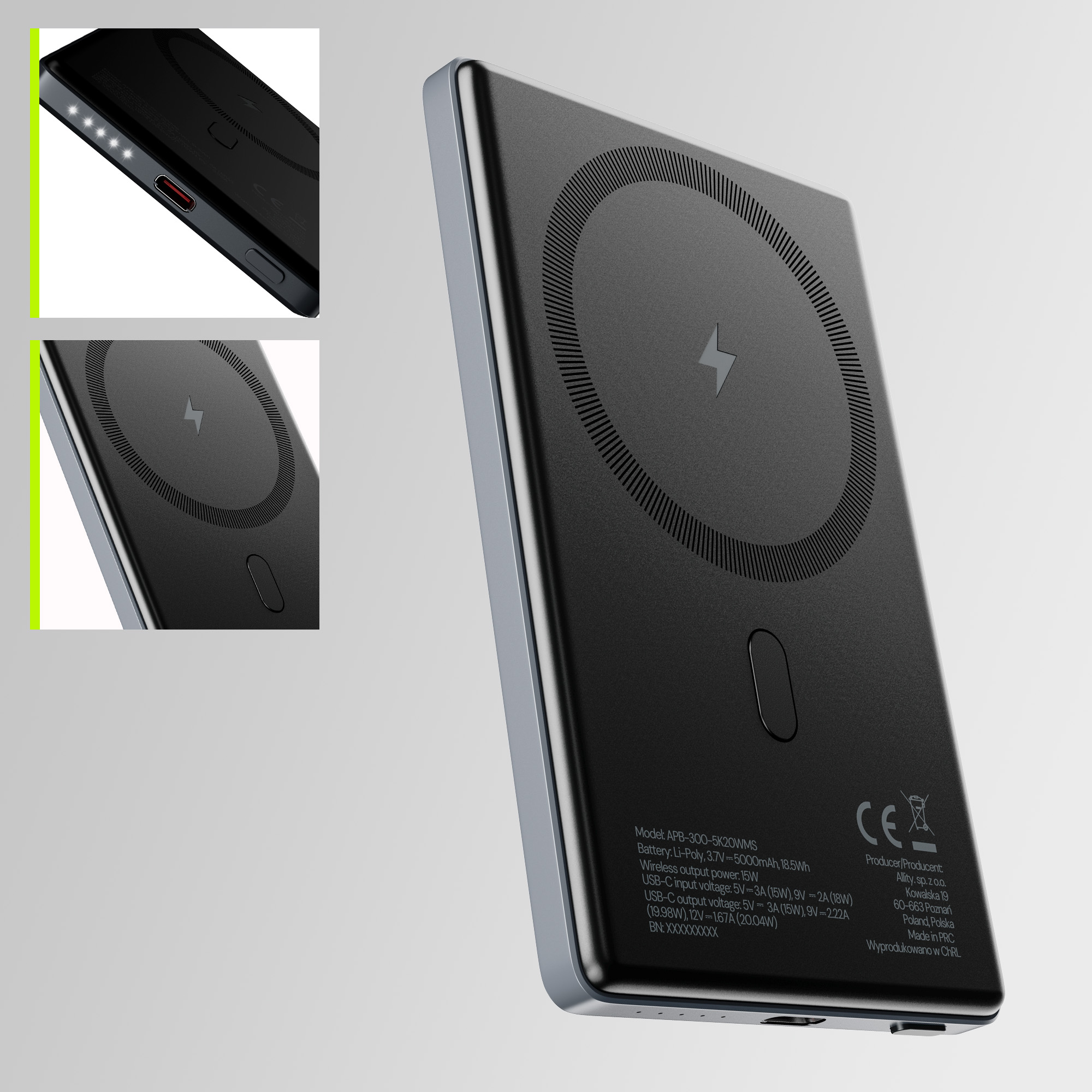 Czarny power bank z obszarem ładowania bezprzewodowego. Białe tło.