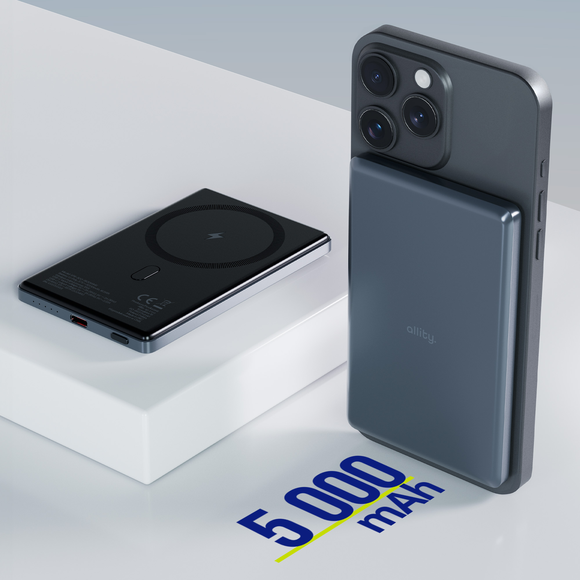 Czarna ładowarka bezprzewodowa z telefonem. Telefon ma podłączoną ładowarkę. Tekst 5000 mAh. Biała powierzchnia.