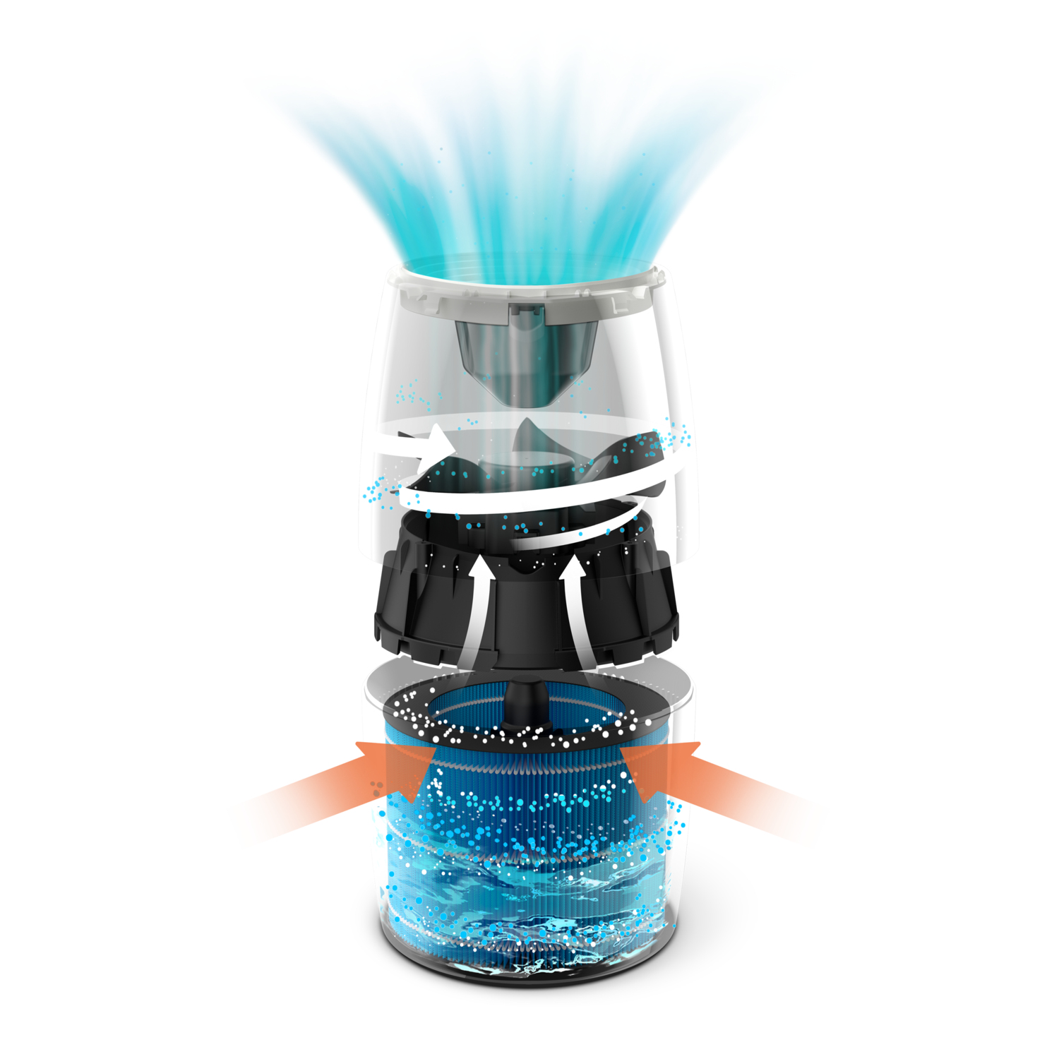 Schemat przekrojowy oczyszczacza powietrza pokazujący elementy wewnętrzne i przepływ powietrza.