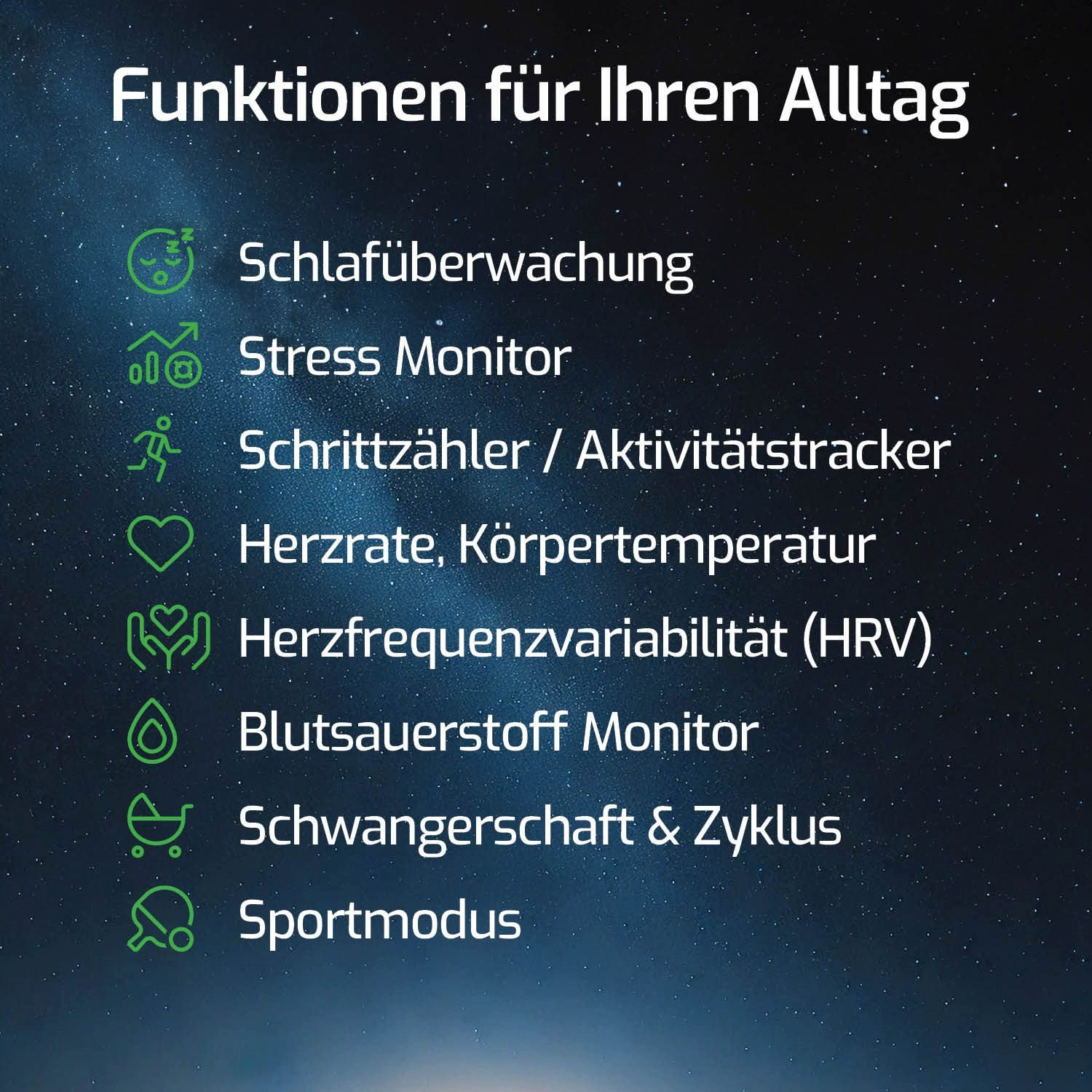 Un grafico che mostra le funzioni: sonno, stress, passi, frequenza cardiaca, HRV, ossigeno nel sangue, gravidanza, sport.