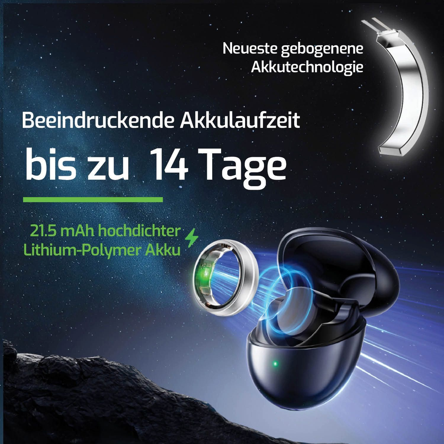 Auricolari con un anello. Luce verde e testo su 14 giorni di durata della batteria.