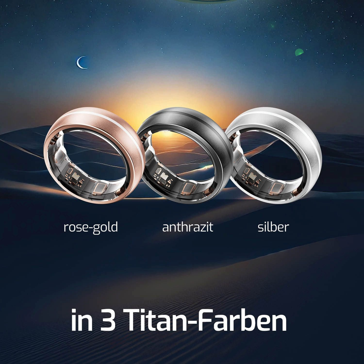 Tre anelli smart in oro rosa, antracite e argento. Testo: "in 3 Titan-Farben".