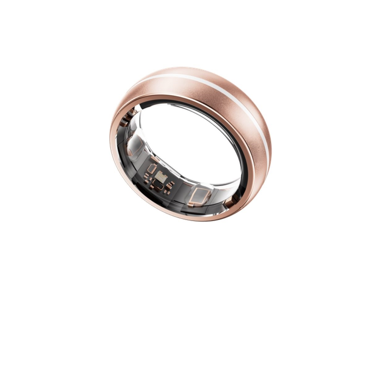 Anello smart oro rosa con una striscia argentata. Ha un interno scuro.