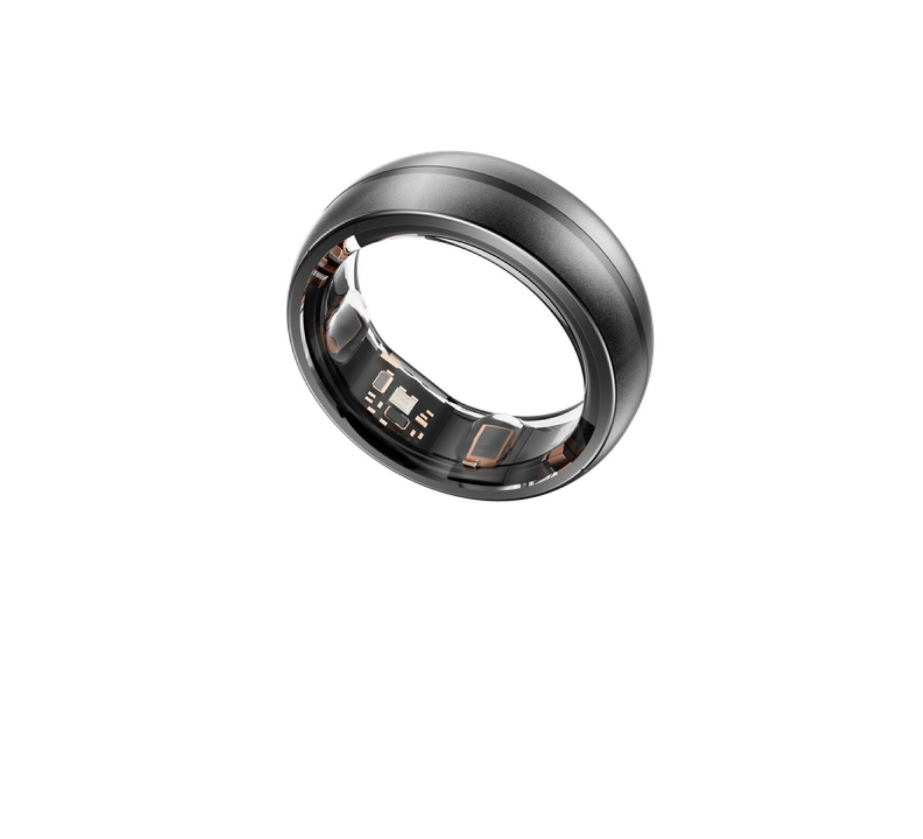 Un anello intelligente nero dal design elegante. Ha una superficie sensore e accenti metallici.