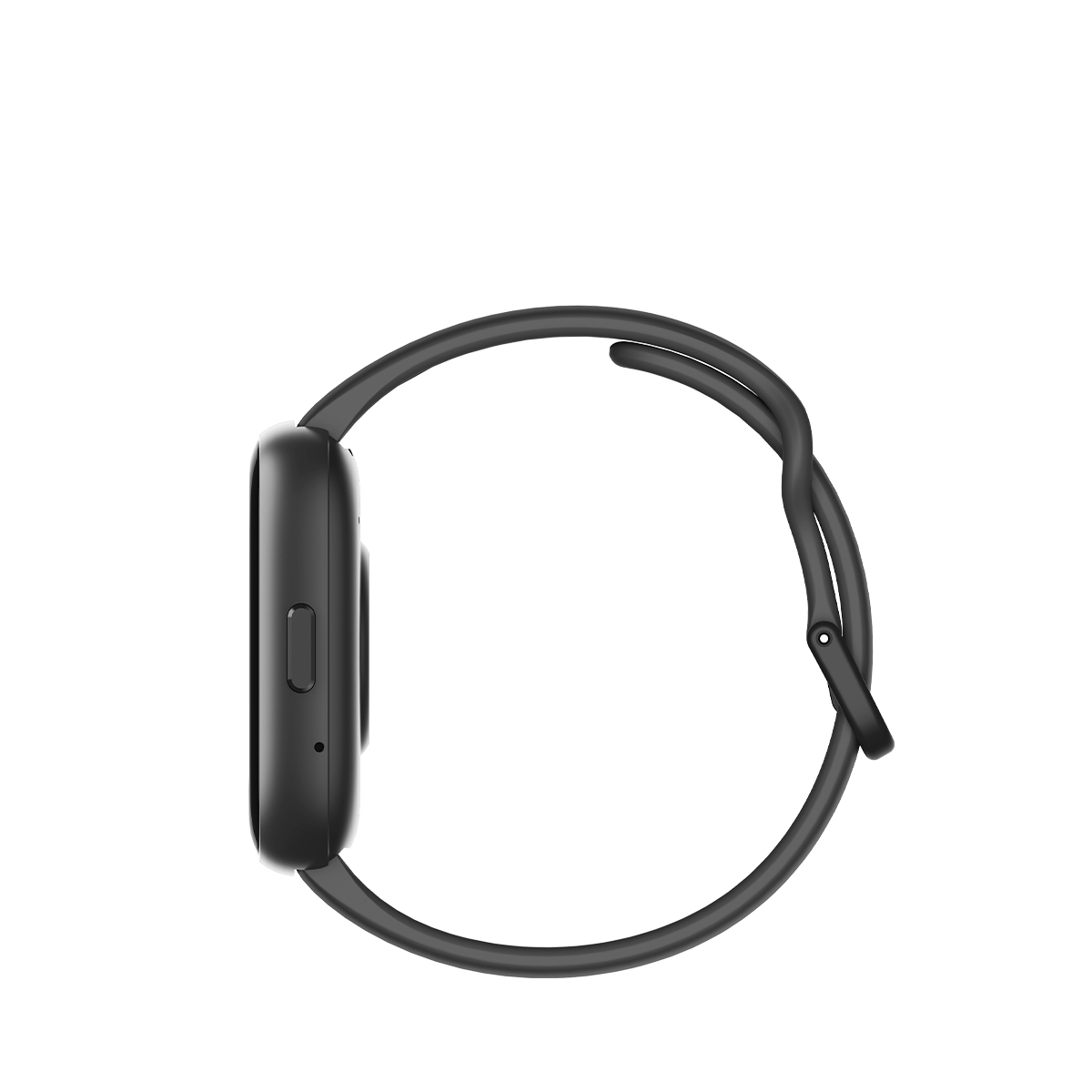 A black smartwatch with a black strap. The screen is dark. Side view.
