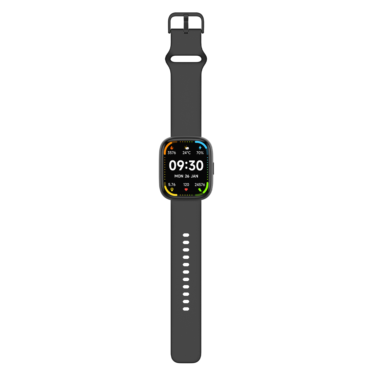 A black smartwatch with a black strap, displaying the time and health metrics.