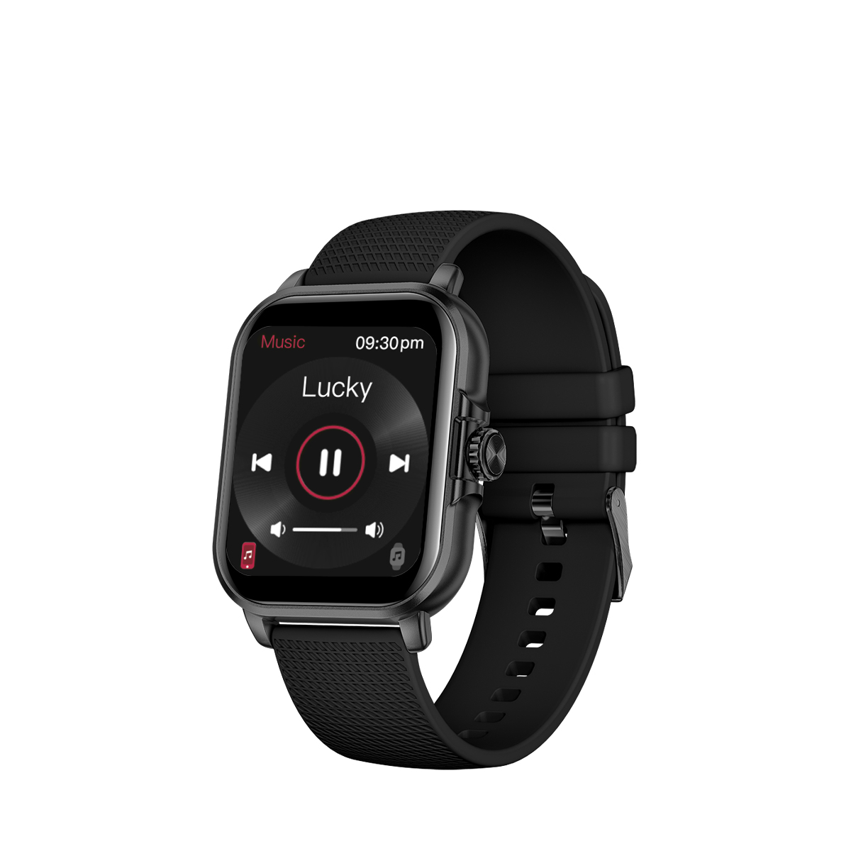 Czarny smartwatch z okrągłym ekranem pokazującym sterowanie muzyką i słowo „Lucky” na białym tle.