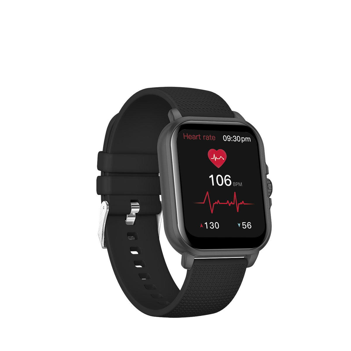 Smartwatch pokazujący tętno 106 BPM z wykresem. Wyświetlacz pokazuje 21:30.