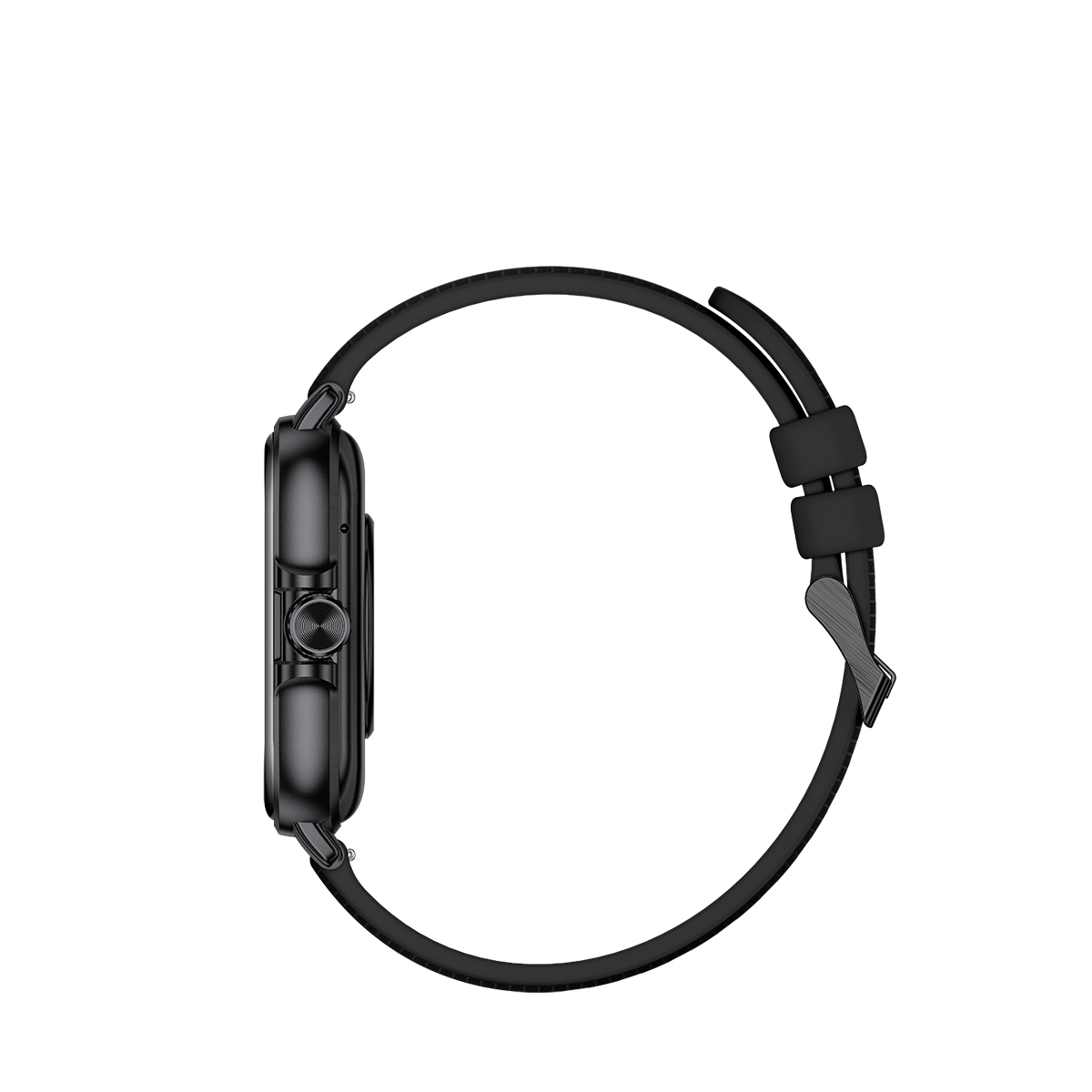 Czarny smartwatch z czarnym paskiem. Zegarek jest widoczny z boku.