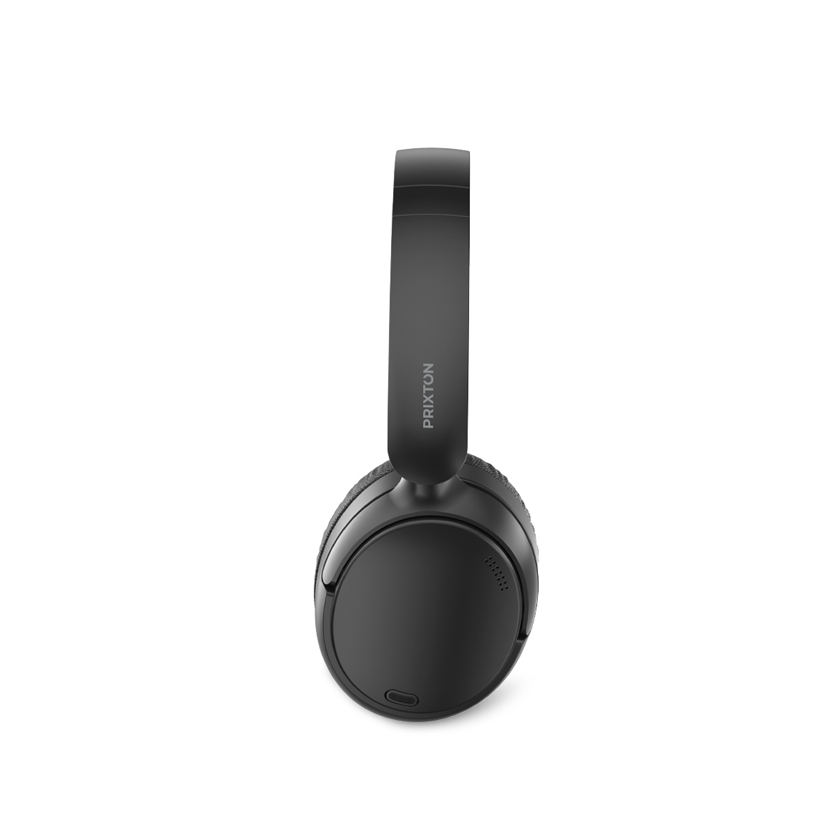 Auriculares Prixton negros con diadema y auriculares, vista superior sobre un fondo blanco.