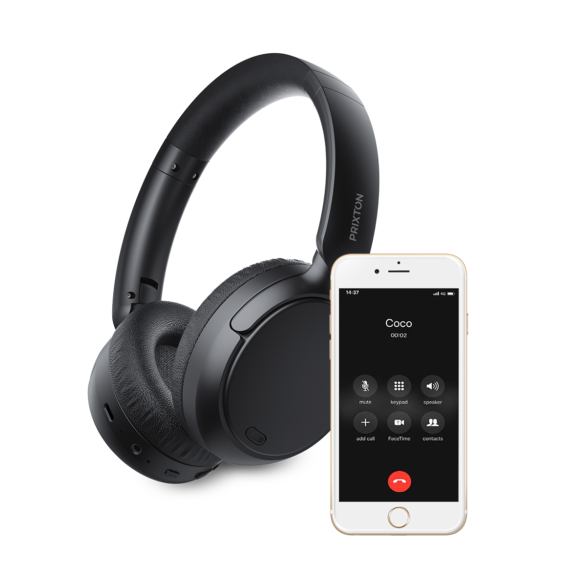 Auriculares negros y un teléfono inteligente. El teléfono muestra una pantalla de llamada. Fondo blanco.