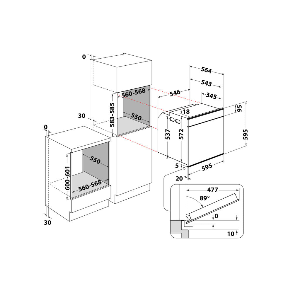 Diagramma che mostra le dimensioni e la disposizione degli elettrodomestici da cucina a incasso, incluso un forno.