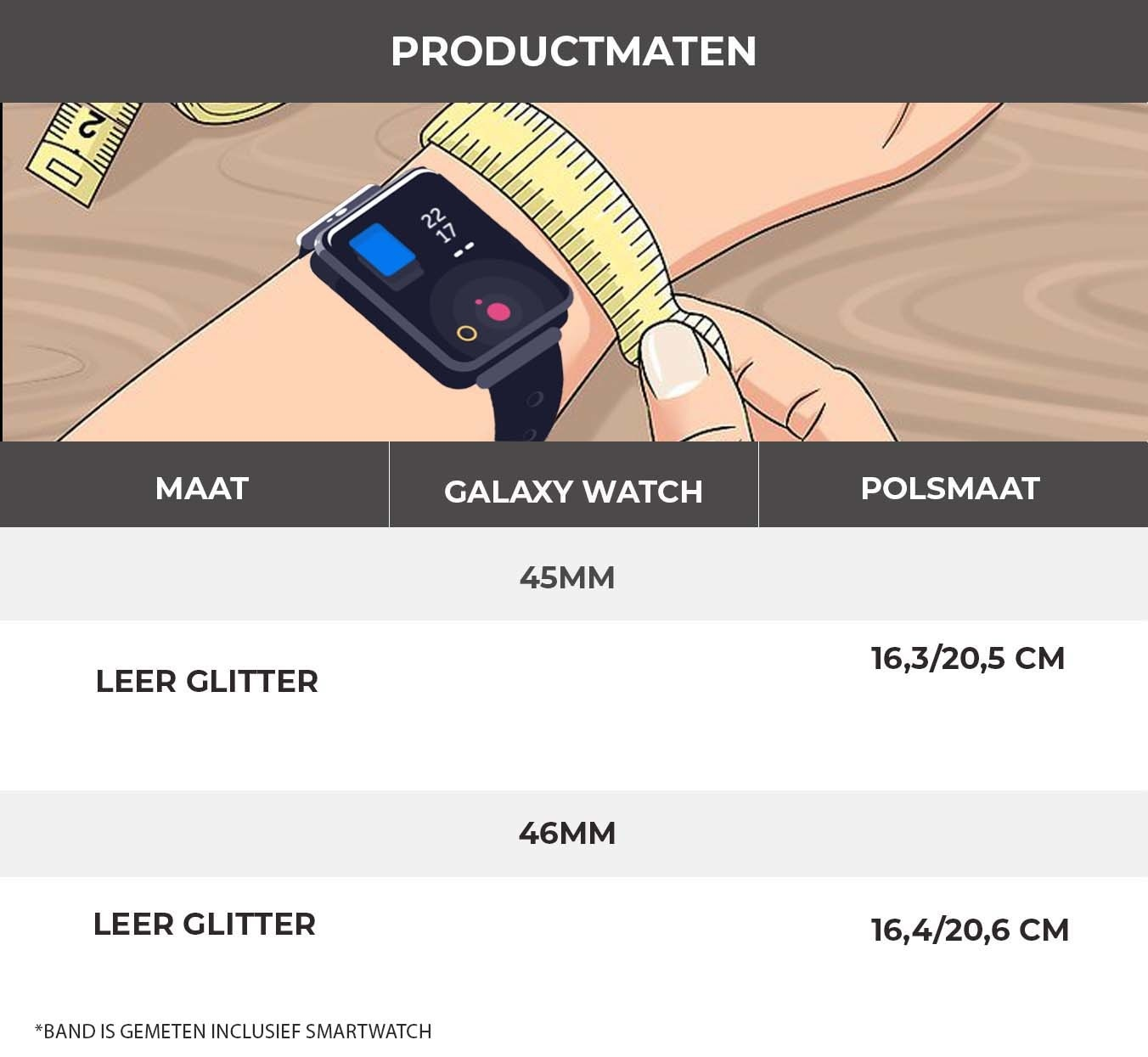 Eine Tabelle mit Handgelenkgrößenmessungen für Smartwatches. Eine Person misst ihr Handgelenk.
