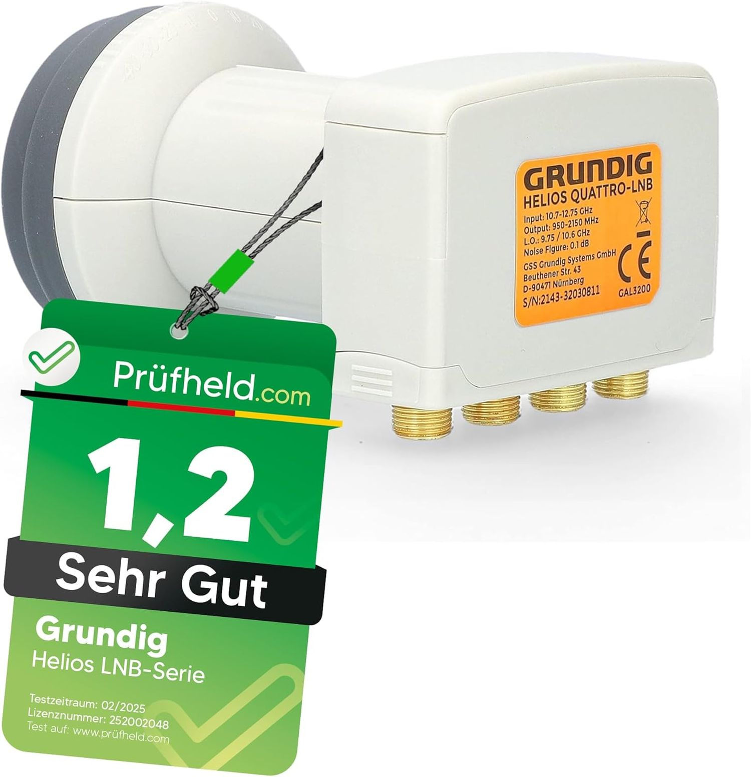 Satelliten-LNB mit grünem Etikett und Testergebnis. Das LNB hat ein weißes Gehäuse.
