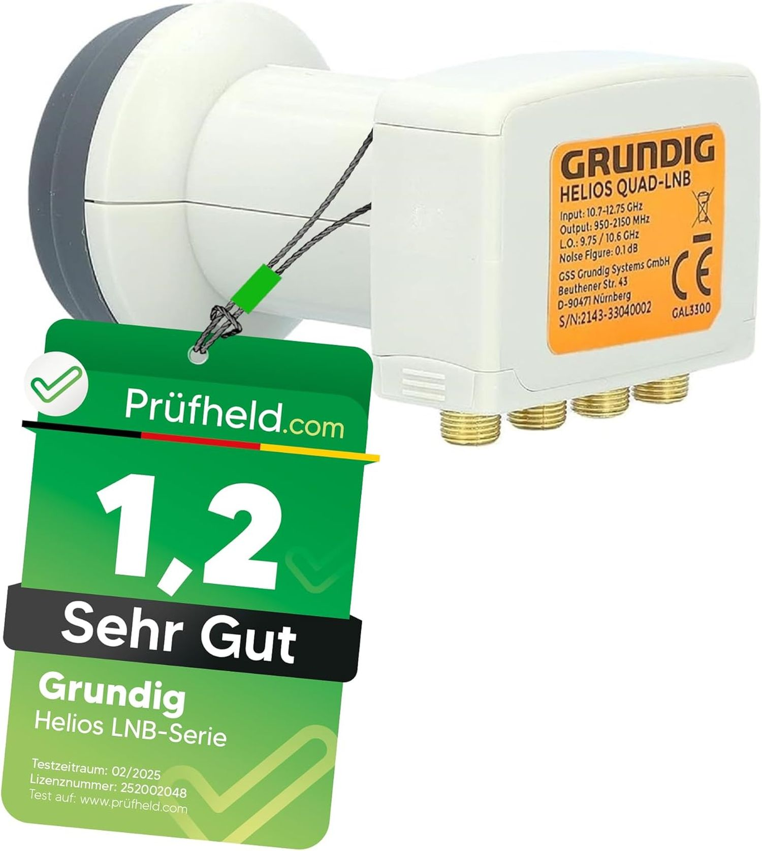 Ein Grundig Helios LNB mit einer Prüfheld.com-Bewertung von 1,2 und einem grünen Etikett.