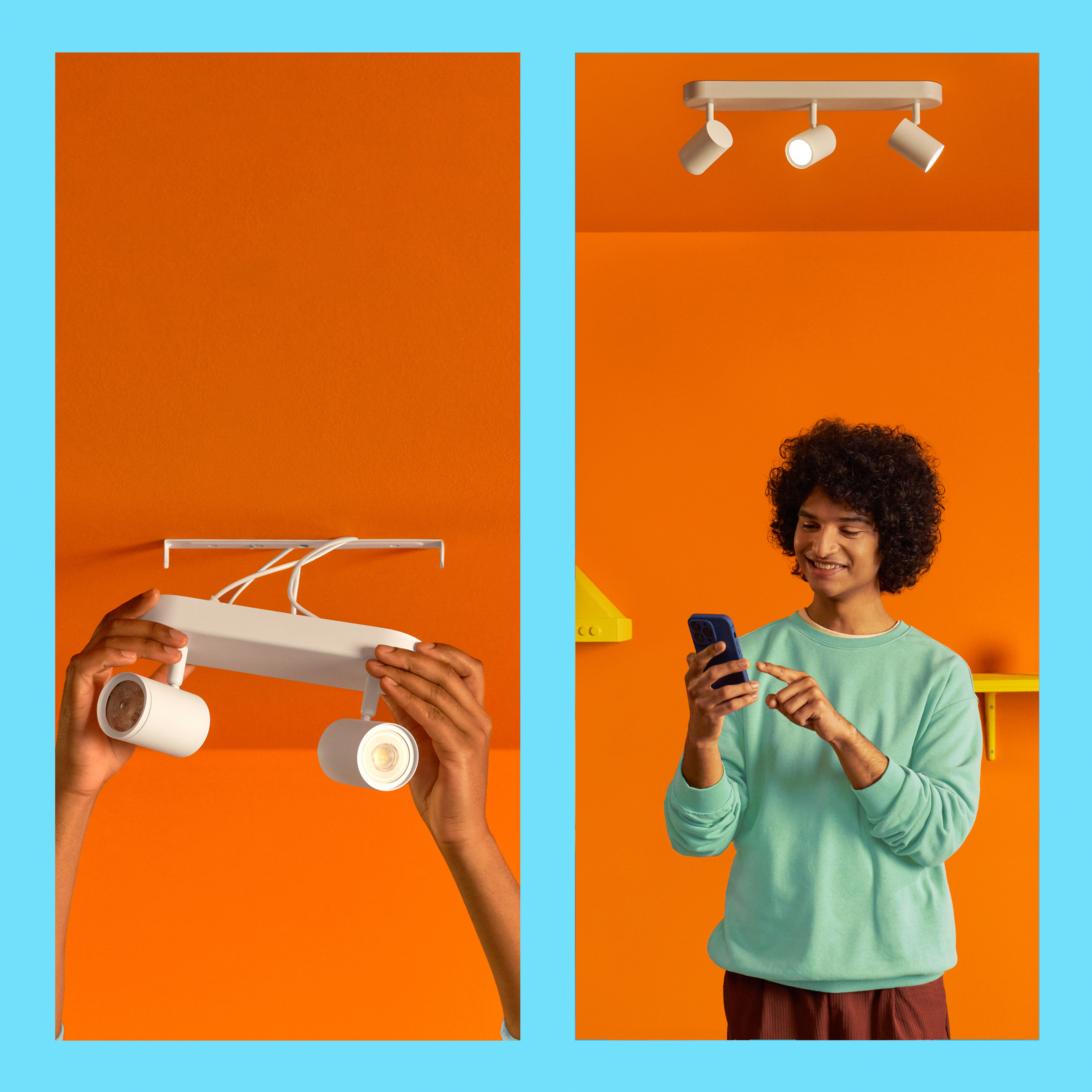 Una persona installa un sistema di illuminazione a binario bianco e usa uno smartphone.