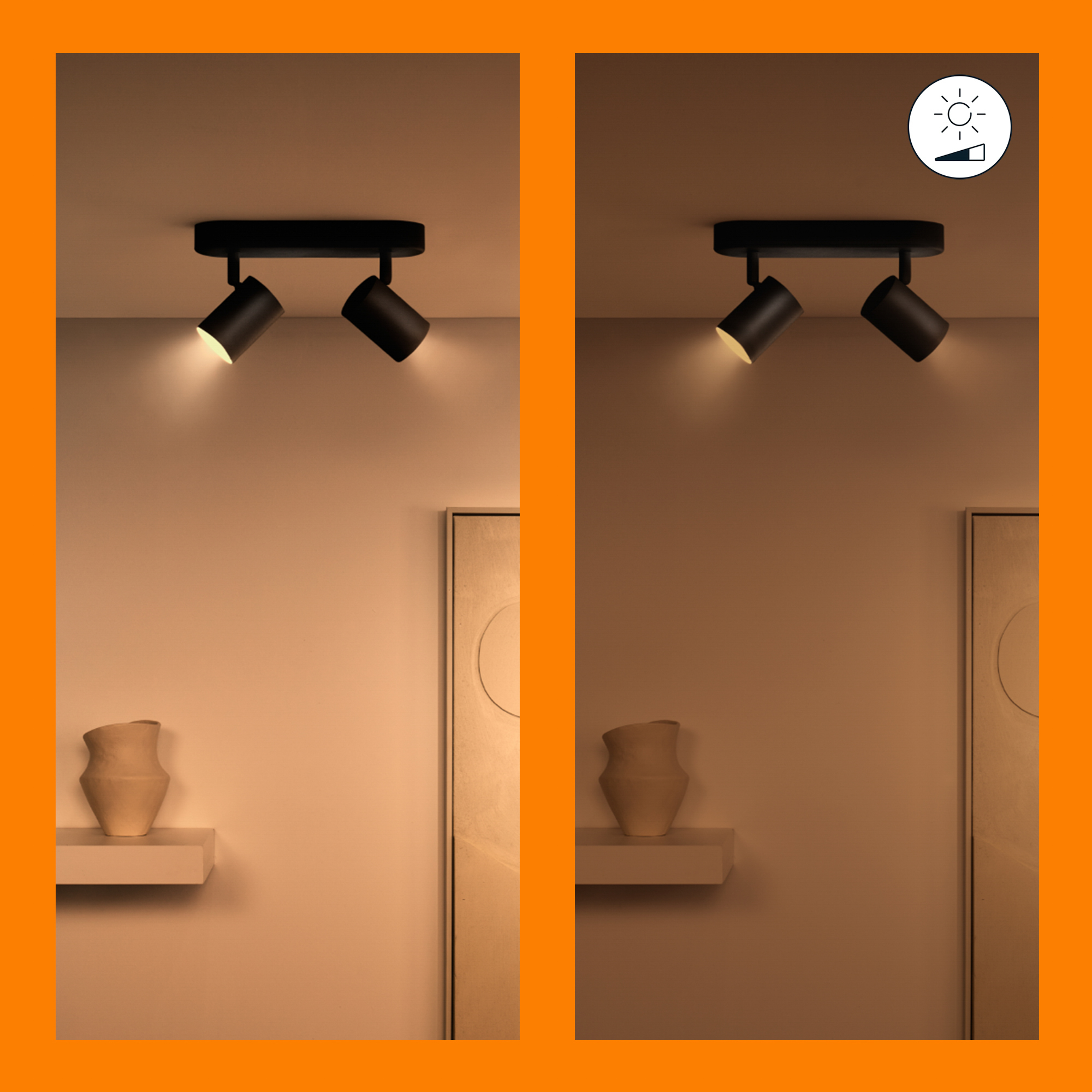 Due faretti neri a soffitto, uno con luce accesa e spenta.