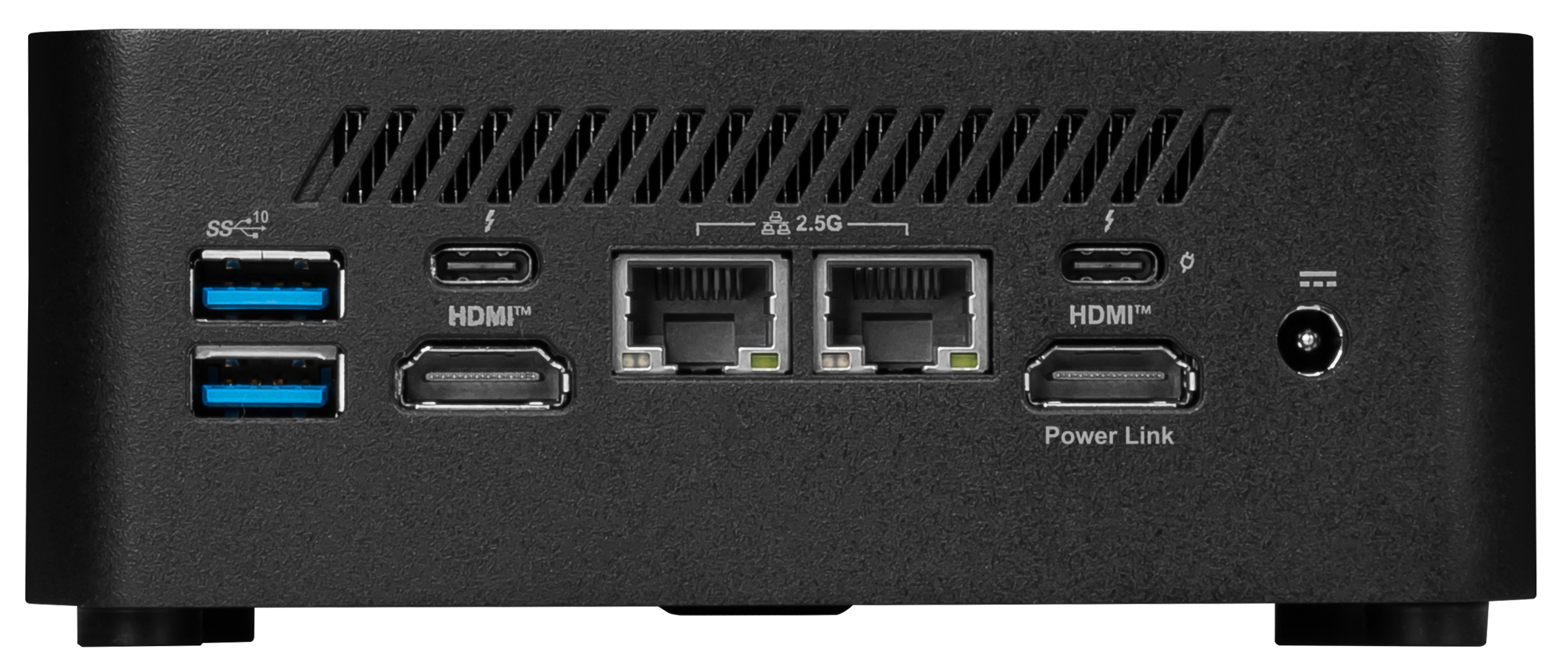 Zwarte mini-pc met USB-, HDMI- en voedingspoorten aan de achterkant.