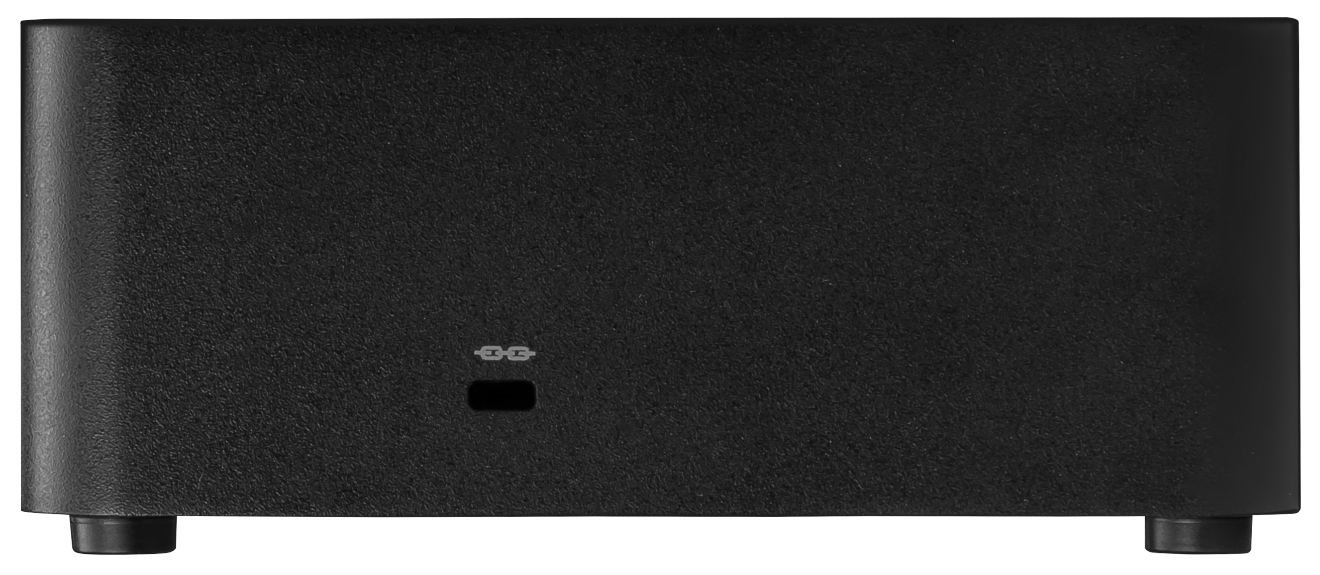 Een zwart apparaat met een USB-poort. De voorkant is effen. Twee kleine voetjes aan de onderkant.
