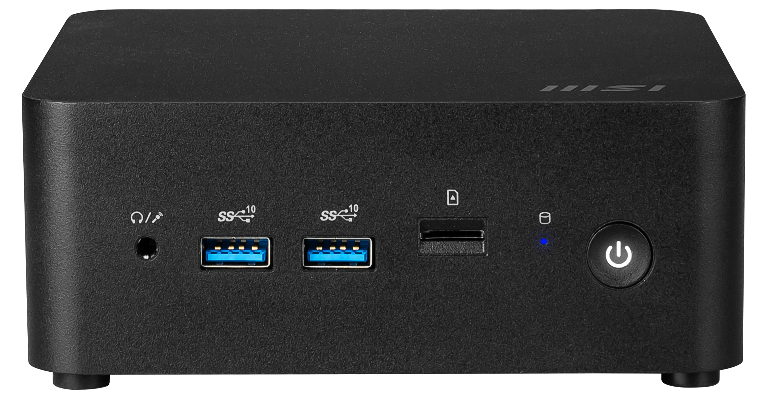 Zwart MSI mini-pc vooraanzicht. Heeft poorten en een aan/uit-knop.