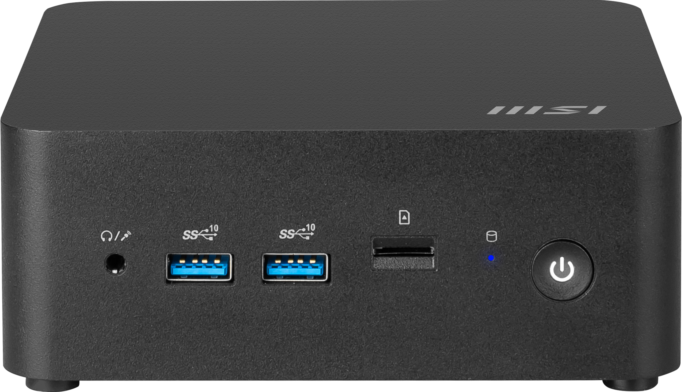 Zwarte MSI mini-pc met poorten: hoofdtelefoonaansluiting, USB, SD-kaartsleuf, aan/uit-knop en logo.