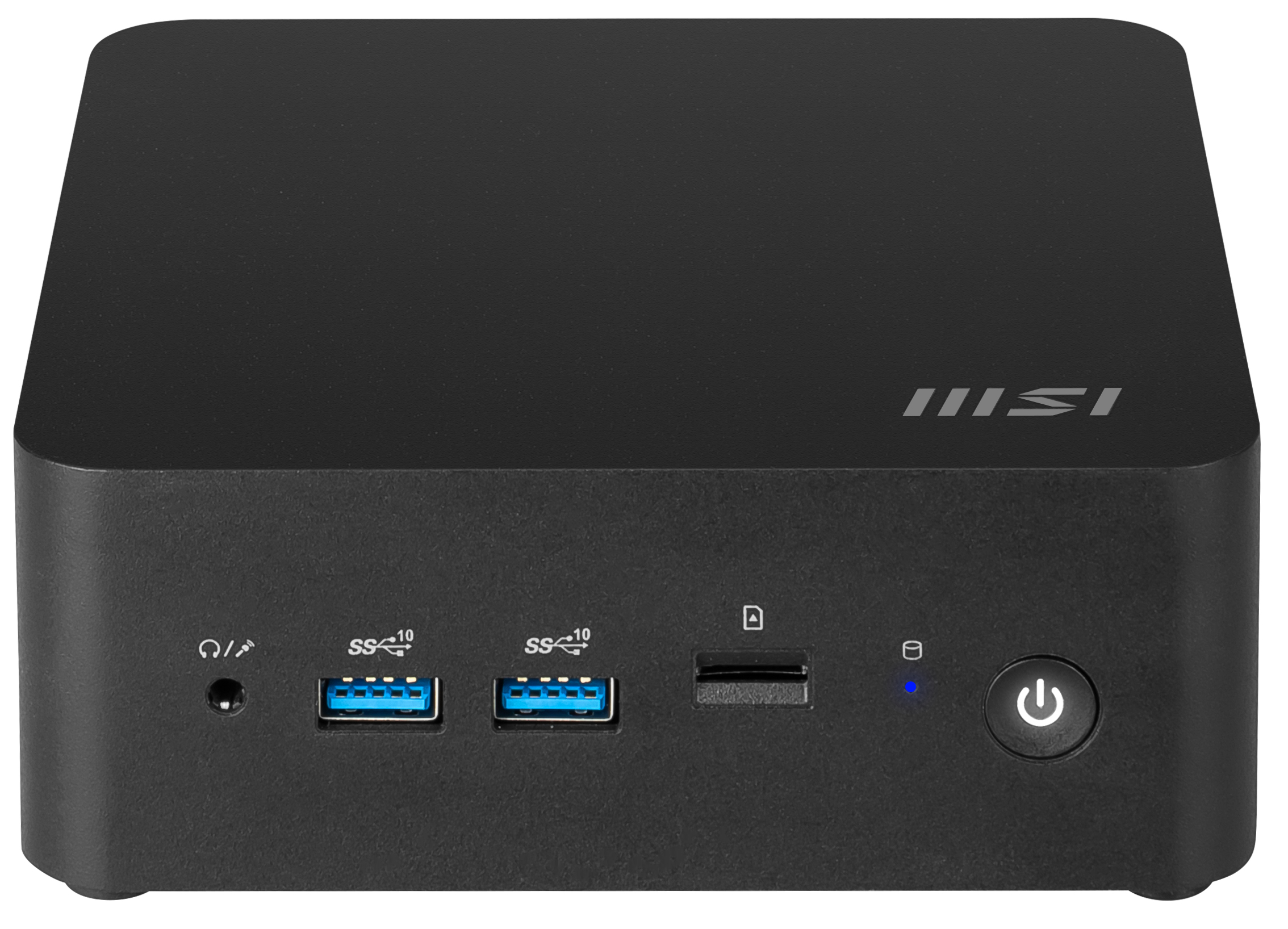 Zwarte mini-pc met poorten, aan/uit-knop en MSI-logo.